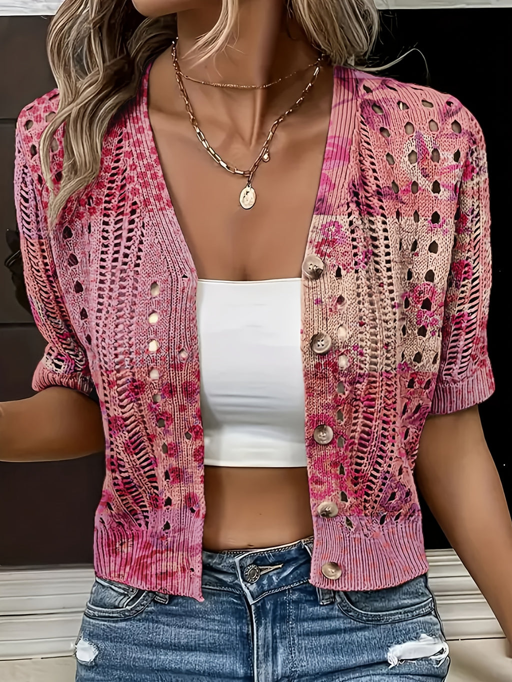 Cyravelle | Bohemian gehaakte korte cardigan – zomerse kortmouwen vest als lichte outerwear