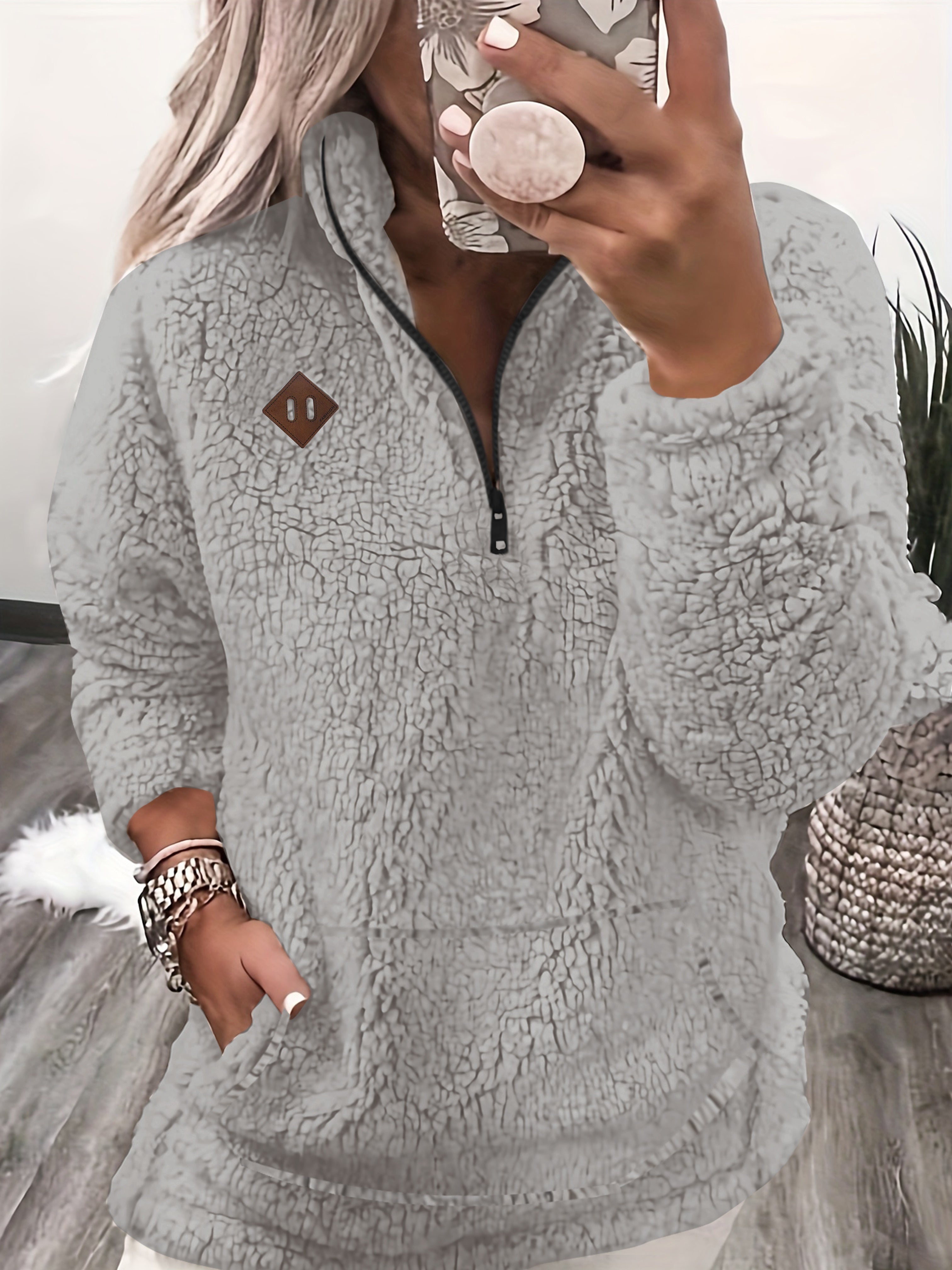 Cambia | Dames Patch Kwartier Ritssluiting Pullover Teddy Sweatshirt - Knusse Casual Lange Mouwen Fleece Top
