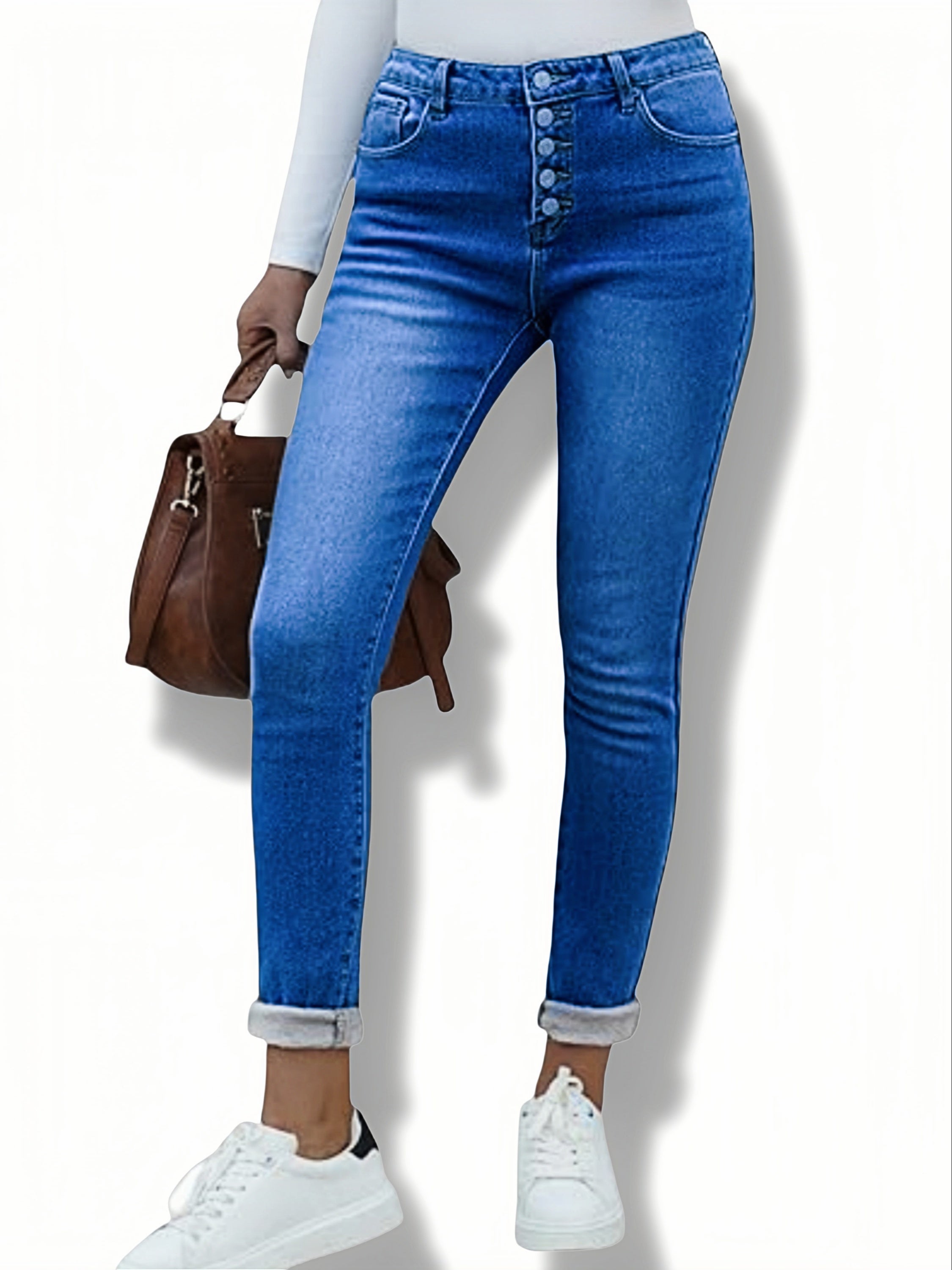 Odessa | Skinny jeans met fleecevoering - warme stretch denim met schuine zakken, knoopsluiting, comfortabele pasvorm