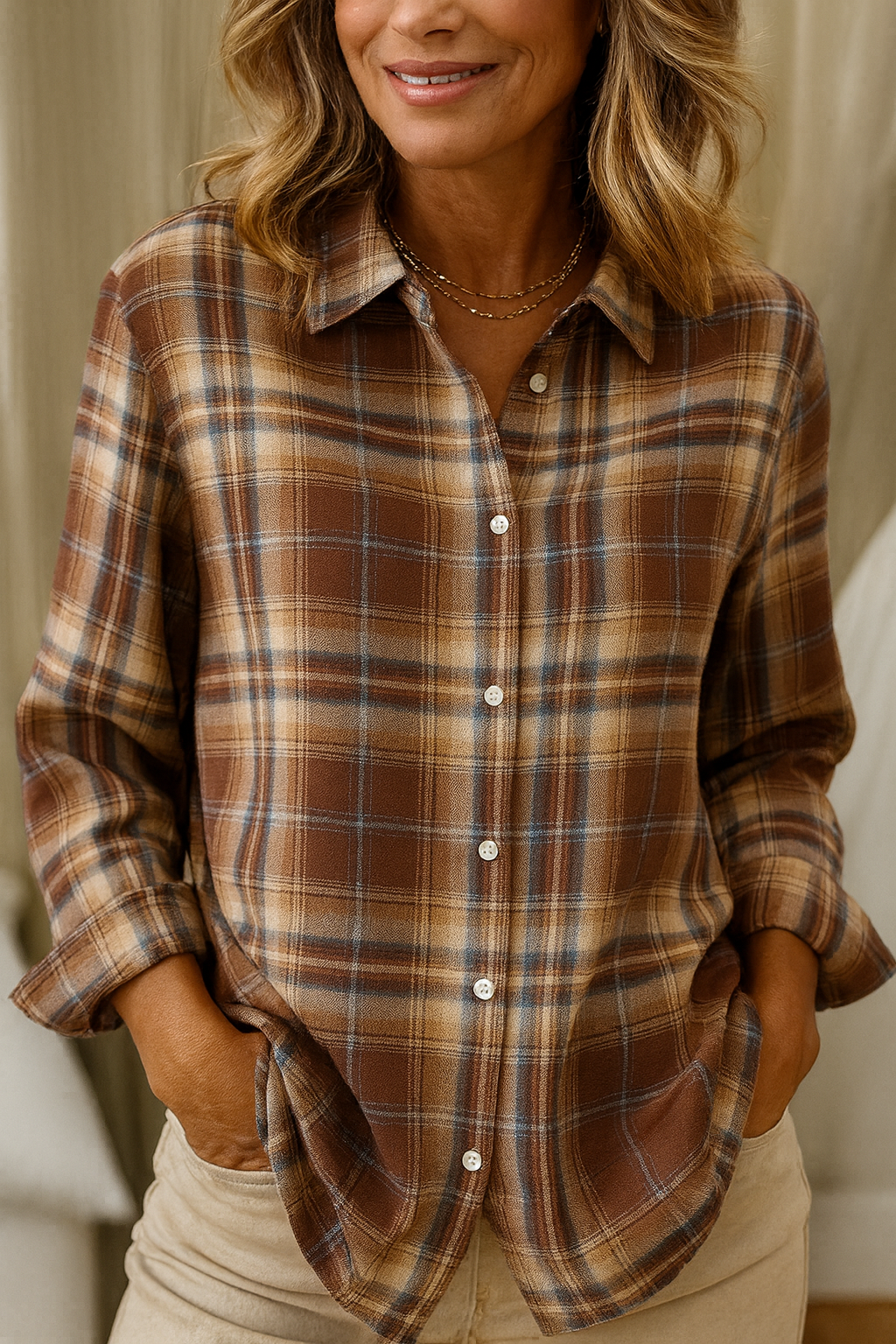 Jarella | Geruite damesblouse met omgeslagen kraag – Casual blouse met lange mouwen van katoenmix