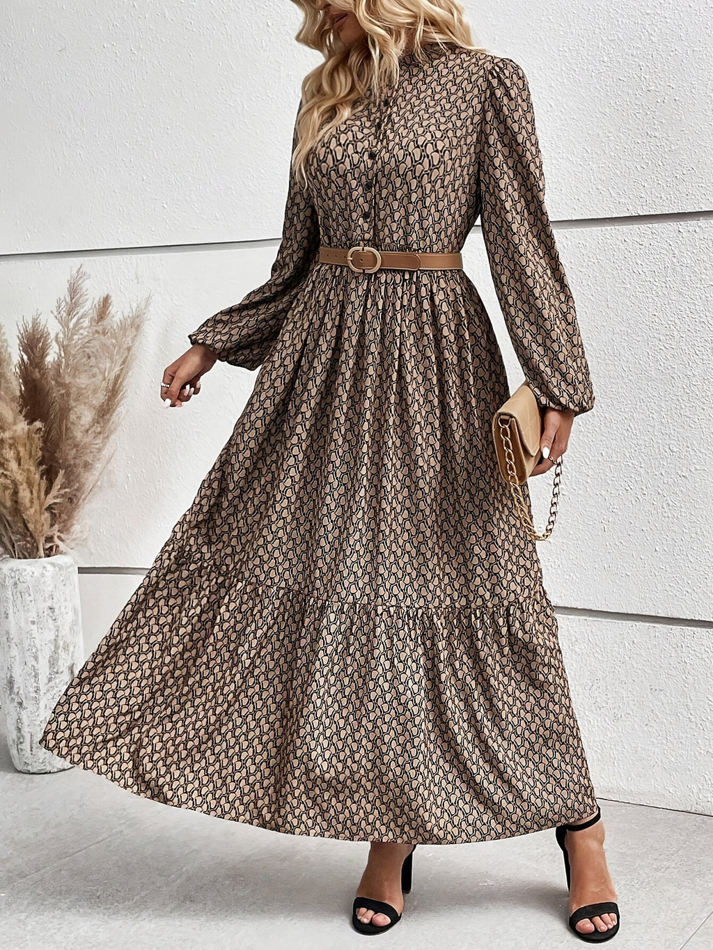 Luciana | All-over Print Button-Front Dress, Elegant Lantern Sleeve Flowy Dress for Women