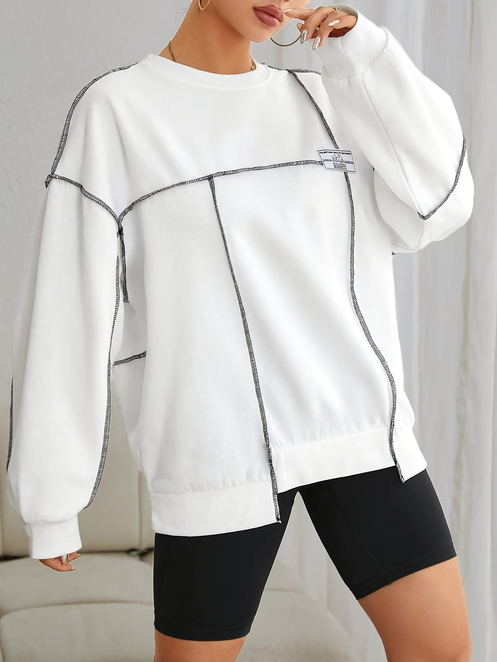 Danira | Elegant Vrouwen Polyester Sweatshirt - Ronde Hals, Schouder Stiksels, Zachte Gebreide Stof