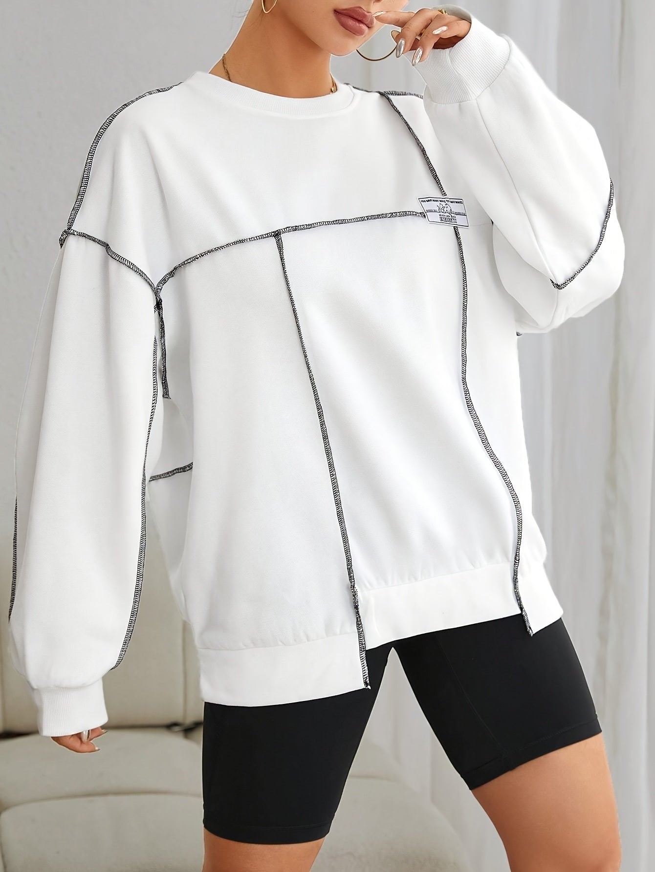 Danira | Elegant Vrouwen Polyester Sweatshirt - Ronde Hals, Schouder Stiksels, Zachte Gebreide Stof