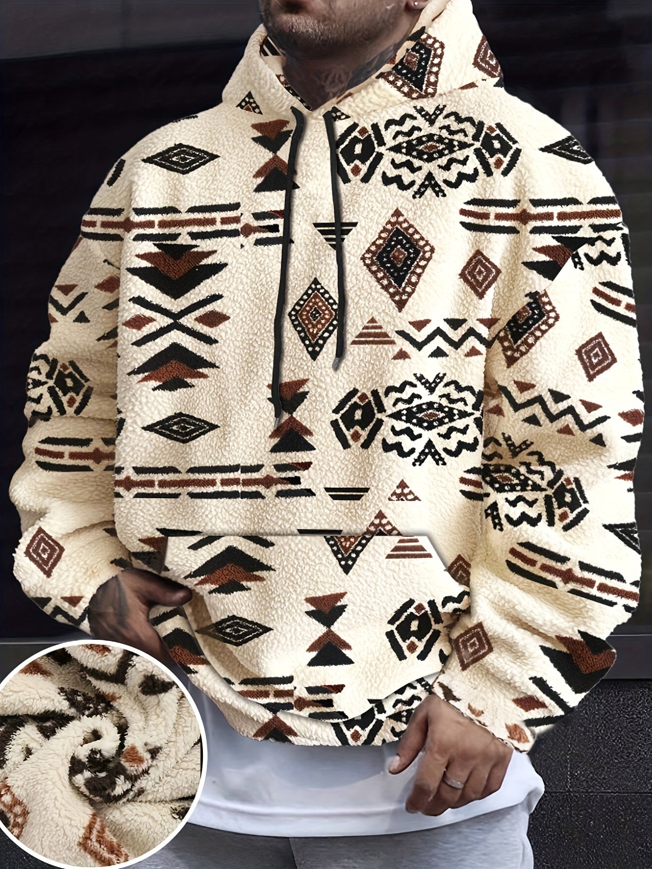 Dario | Herenhoodie met Aztekenprint en pluche - Casual Flannel, fleece gevoerd, lange mouwen, verstelbaar rijgsnoer