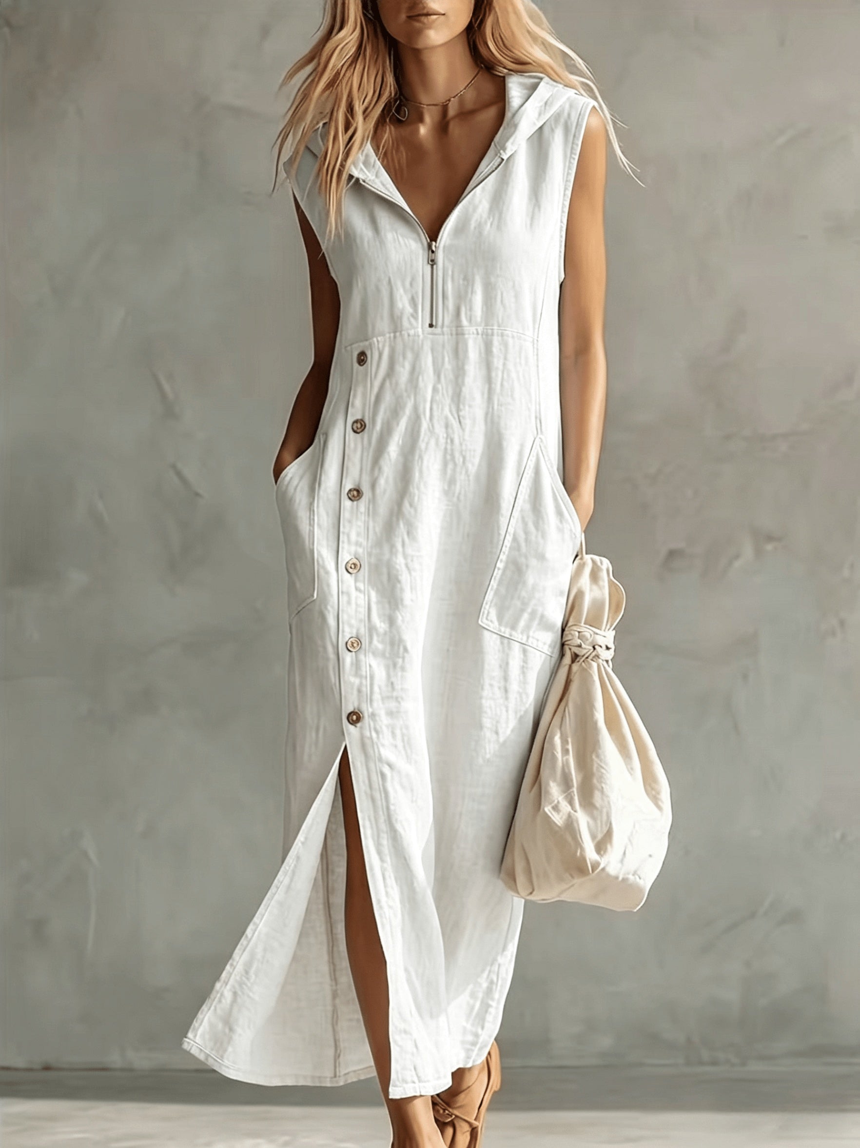 Oravyn | Zomerjurk met capuchon voor dames – Casual, ruimvallende midi-jurk met zakken