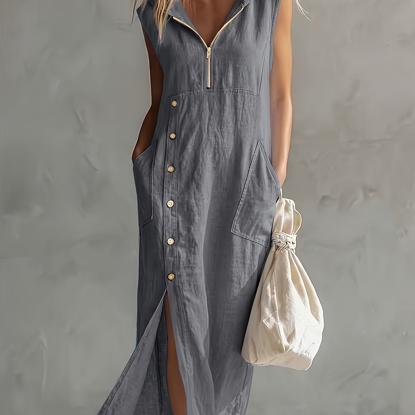 Neralyn | Casual hooded damesjurk – midi jurk met losse pasvorm en korte mouwen