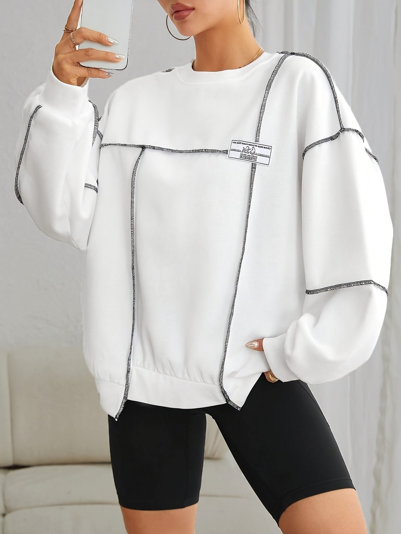 Danira | Elegant Vrouwen Polyester Sweatshirt - Ronde Hals, Schouder Stiksels, Zachte Gebreide Stof