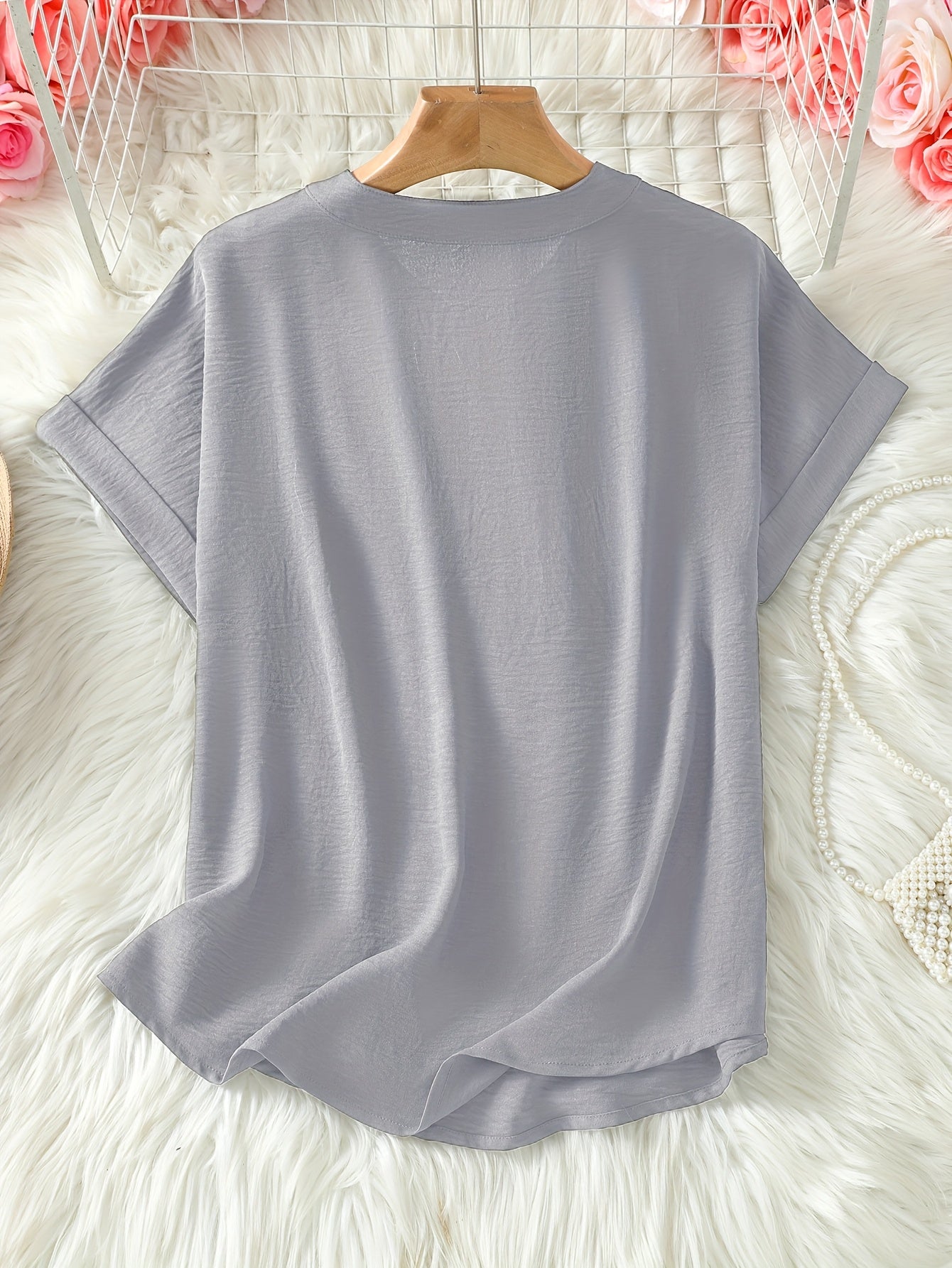 Elaria | Women V-Neck Blouse - Solid Color Loose-Fit Short Sleeve Top