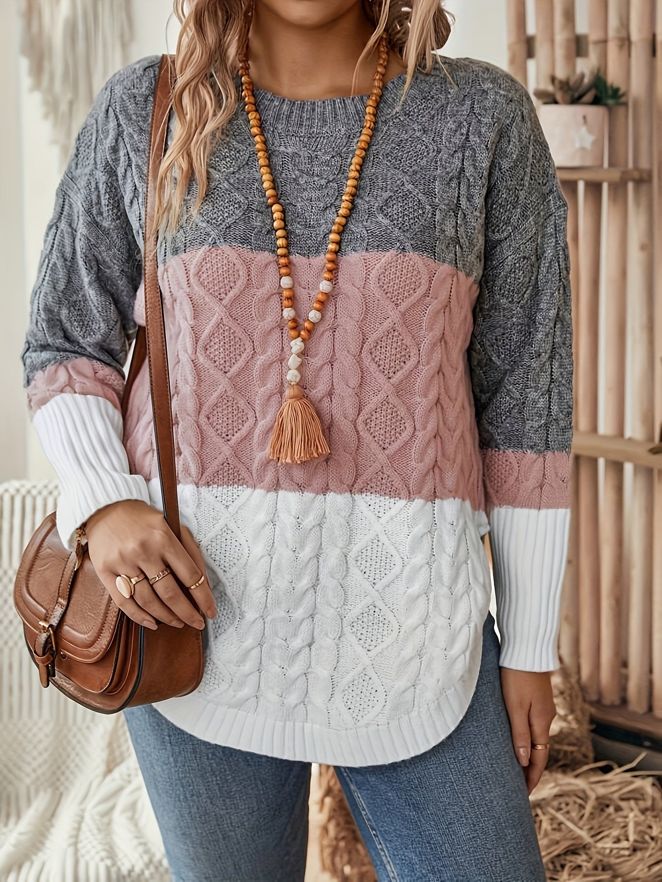 Leighton | Retro plus size trui voor dames - Kleurblok gebreide kabel