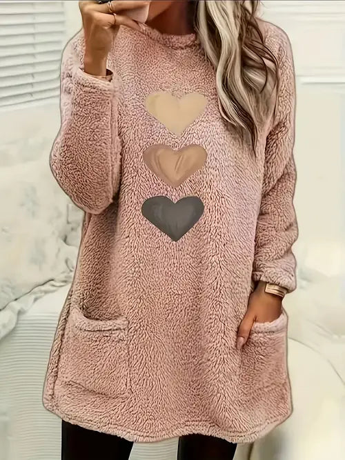 Gevina | Kleurrijk fleece sweatshirt met hartjes en zakken – Comfortabele wintertrui, zachte casual top