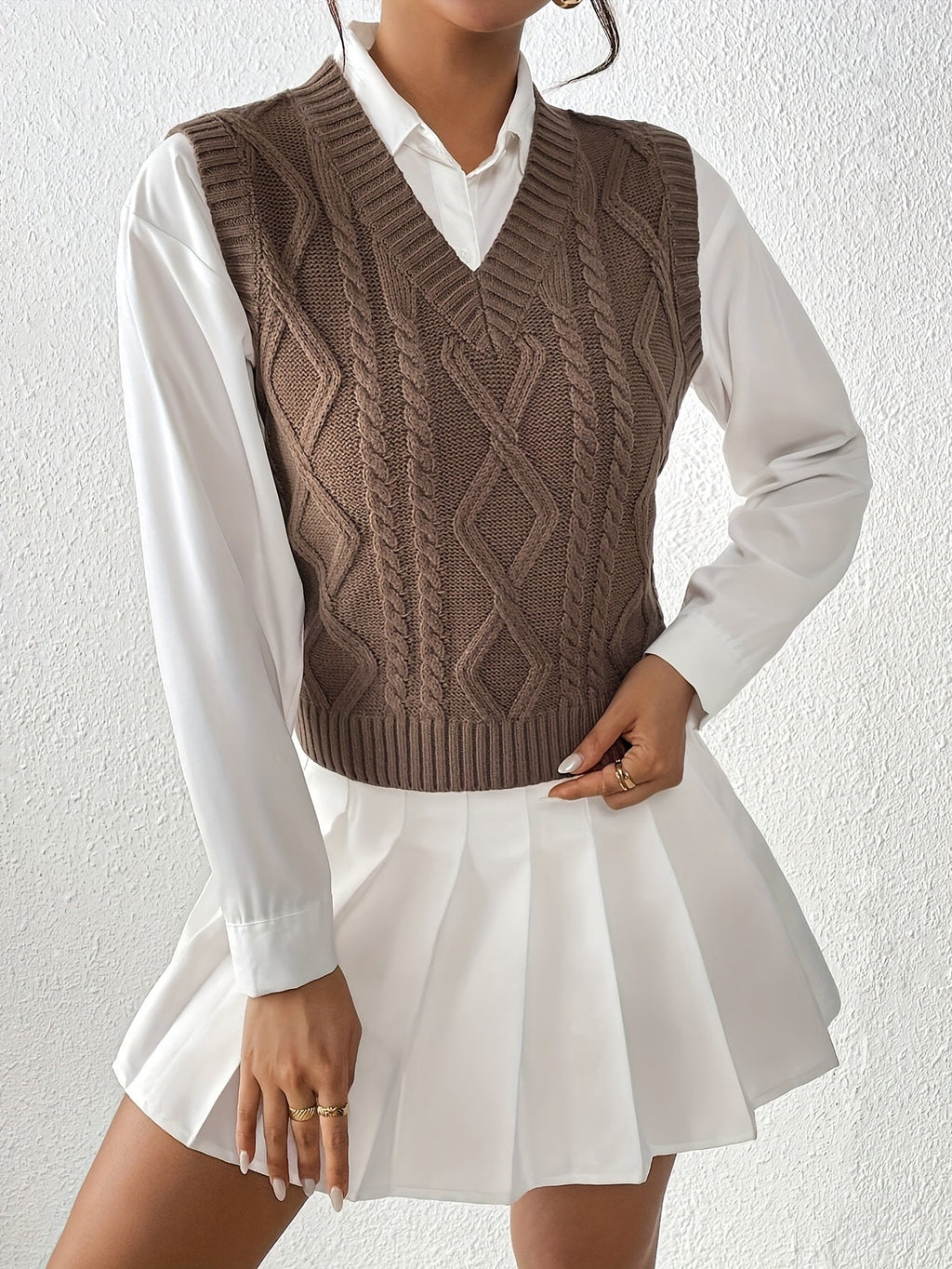 Ambria | Kabelgebreid V-hals Sweater Vest - Slanke Mouwloze Top, Casual Retro Stijl, Lichtgewicht Laagjesgebreid