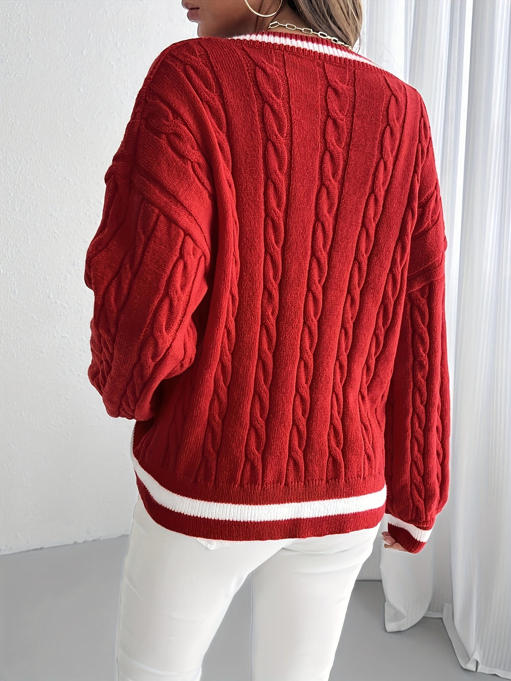 Esther | Elegante gebreide trui met V-hals voor vrouwen - Casual Pullover met lange mouwen, Zachte gebreide kabeltop