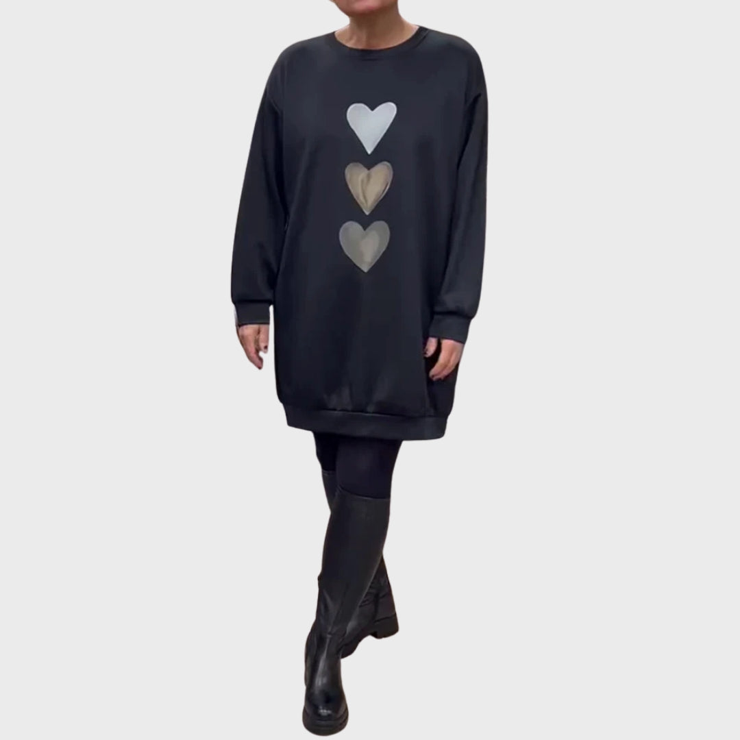 Baukje | Lange sweater met hartjesprint, comfortabele casual trui,  trendy wintertop