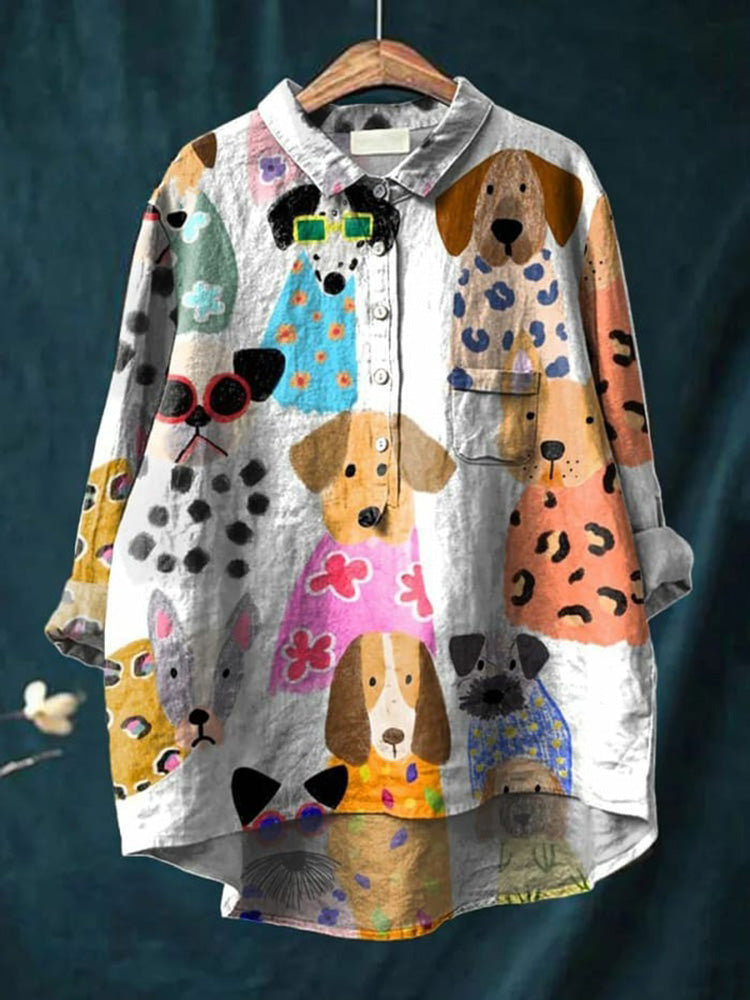 Elza | Oversized Damesshirt met Hondenkunst print - Lange Mouw Katoenen Casual Blouse