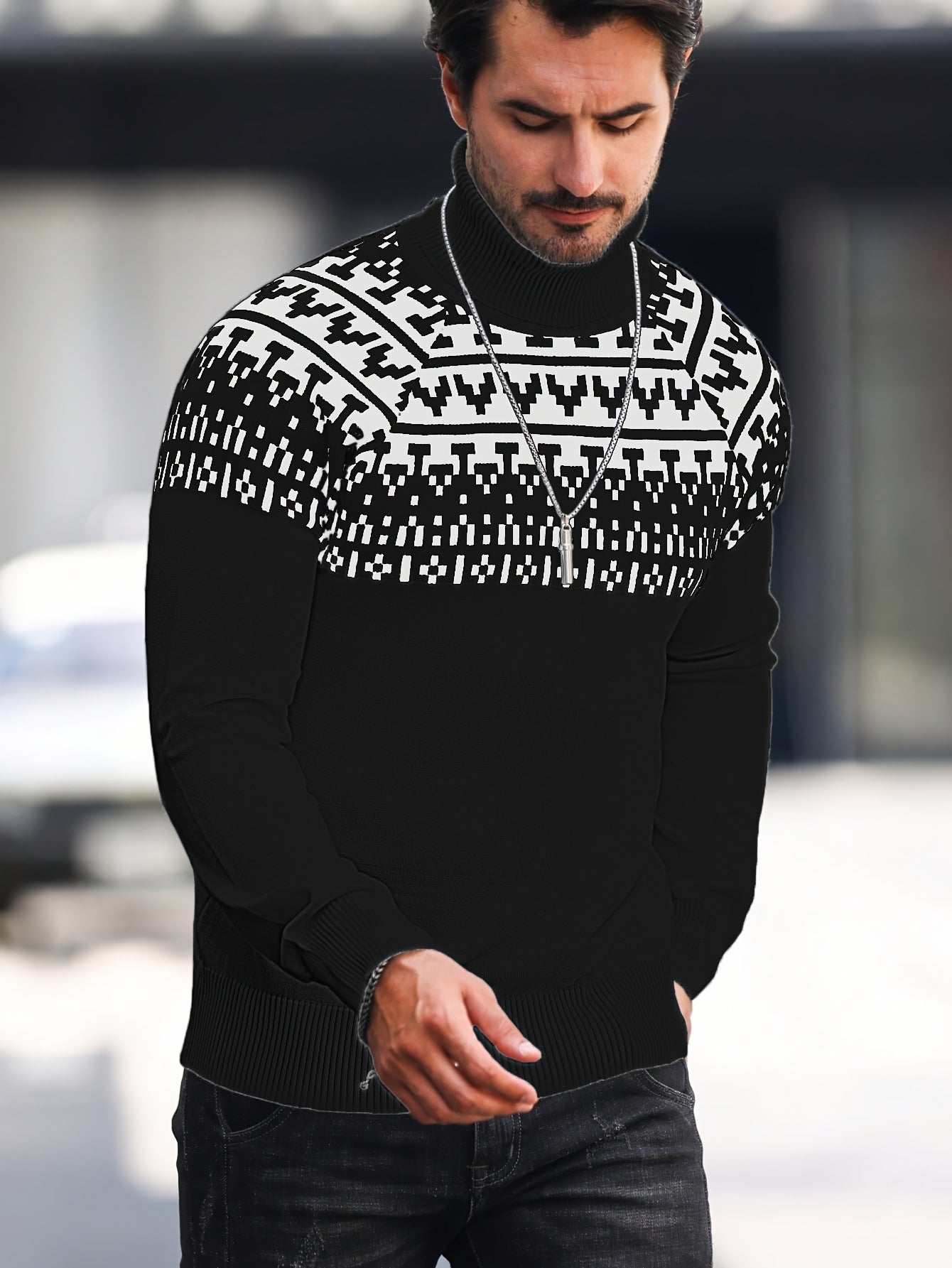Beckett | Gebreide coltrui met geometrische grafische print, casual trui met lange mouwen voor herfst en winter