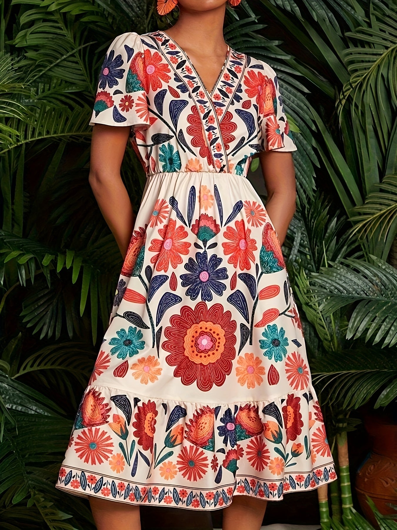 Lenka | Women's floral print dress with V-neck, butterfly sleeves, A-line, and ruffled hem