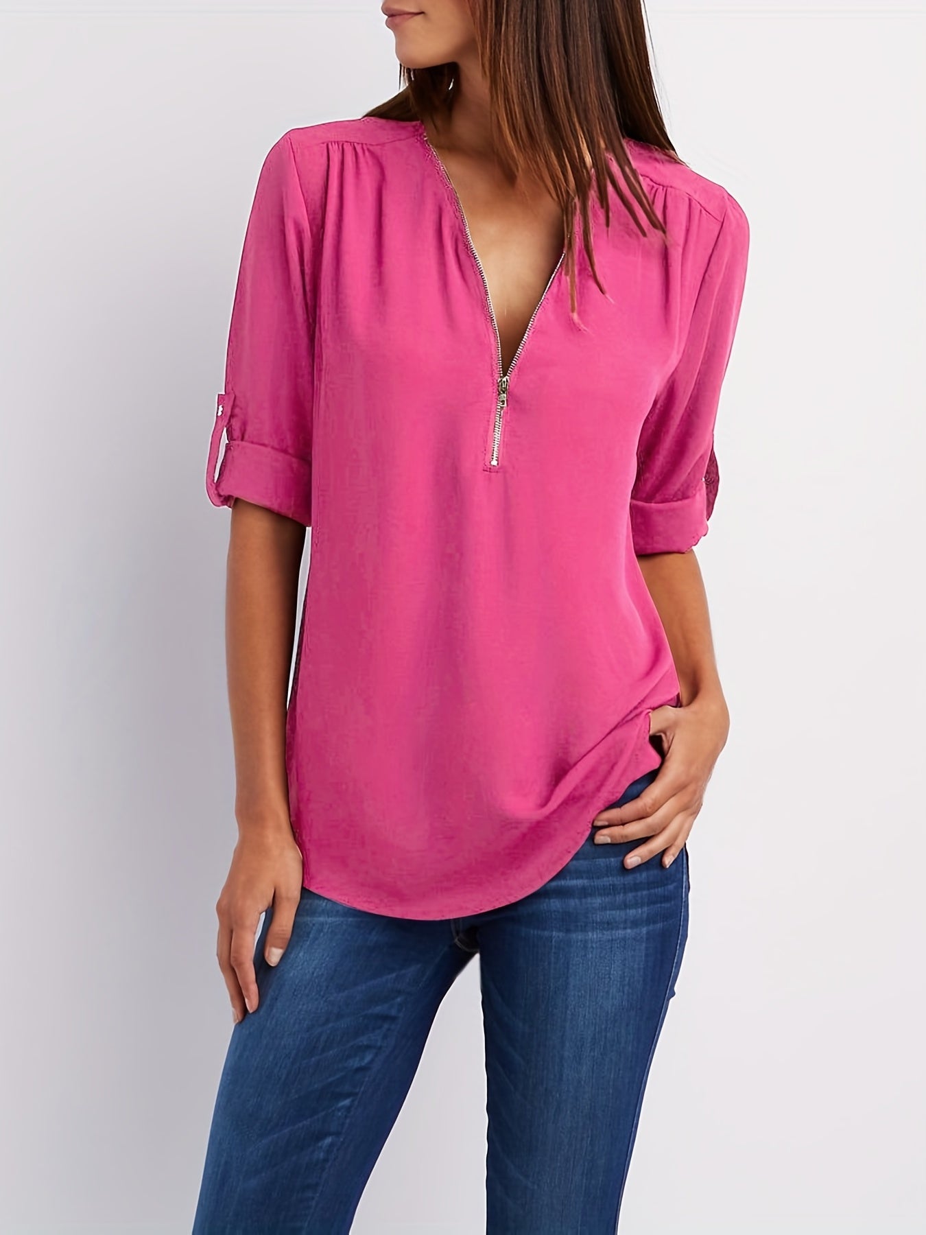 Veridiana | Women's V-Neck Half-Zip Blouse - Casual Ruffle Sleeve, Elegant and Breathable