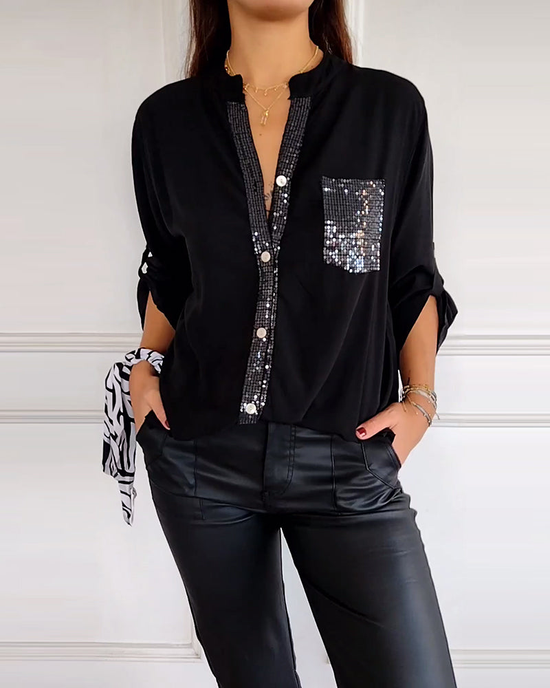 Stella | Elegant Sequin Blouse - Casual Button-Down Top with Adjustable Cuffs