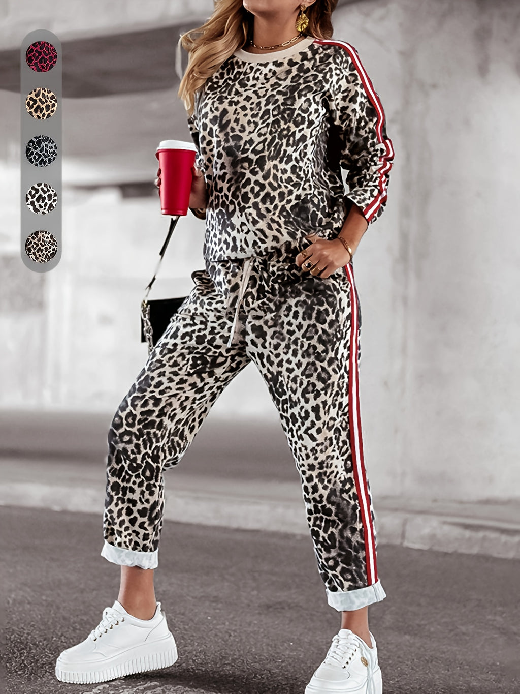 Emryth | Two-piece women's leopard print set - long-sleeve top and high-waisted pants, casual lounge outfit