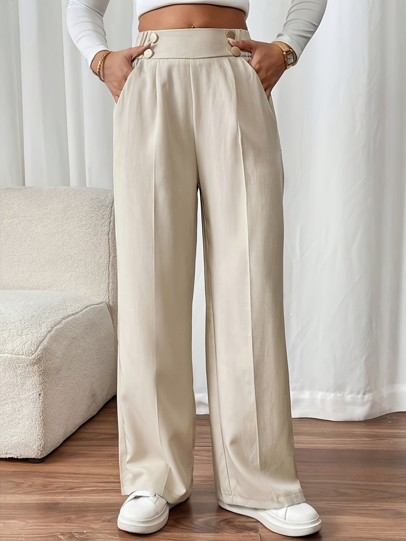 Dimity | Women's High-Waisted Wide-Leg Trousers with Button Closure