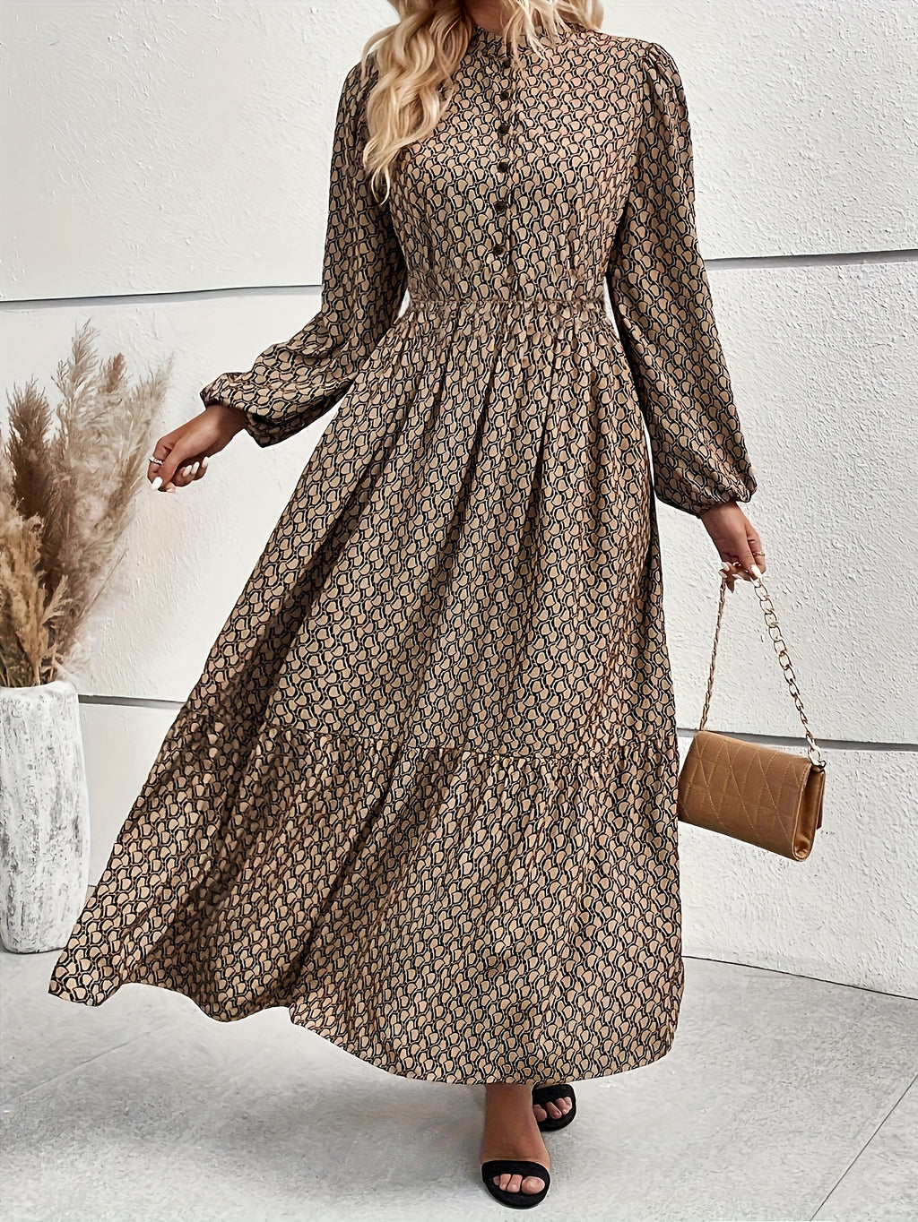 Neroli | Elegant Maxi Dress with Round Neck - Long Lantern Sleeves, A-line, Button Detail