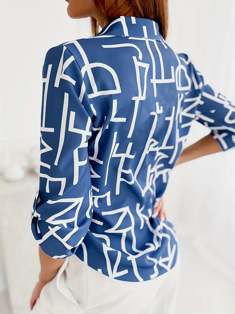 Perrine | Women's Stylish Printed Button-Down V-Neck Blouse - Long Sleeves, Casual Spring Top