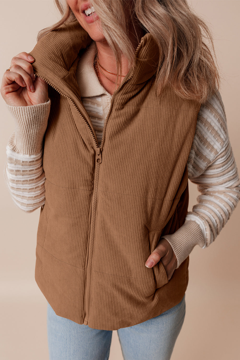 Dagny | Corduroy Puffer Vest met Ritssluiting Staande Kraag Casual Jack voor Dames