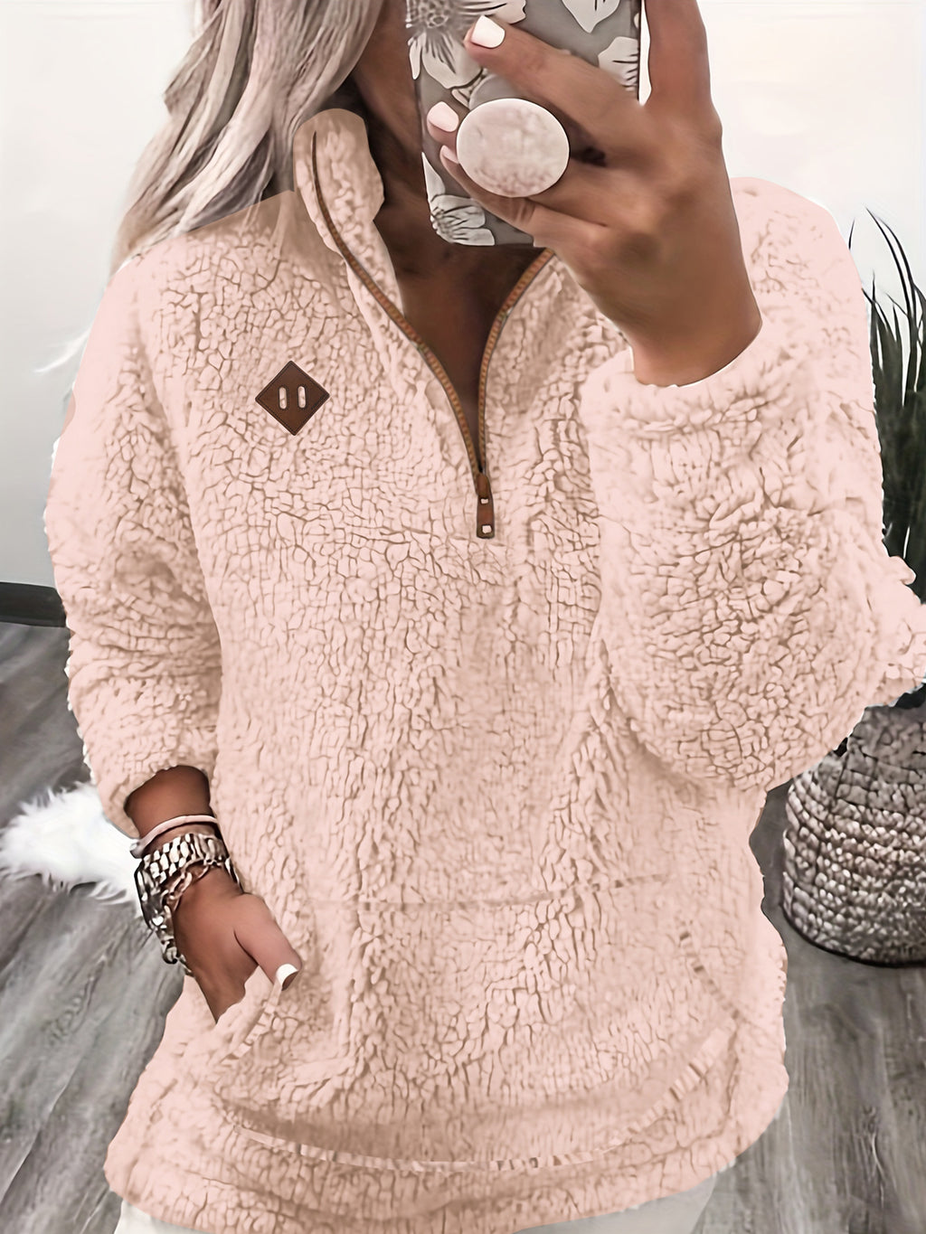 Cambia | Dames Patch Kwartier Ritssluiting Pullover Teddy Sweatshirt - Knusse Casual Lange Mouwen Fleece Top