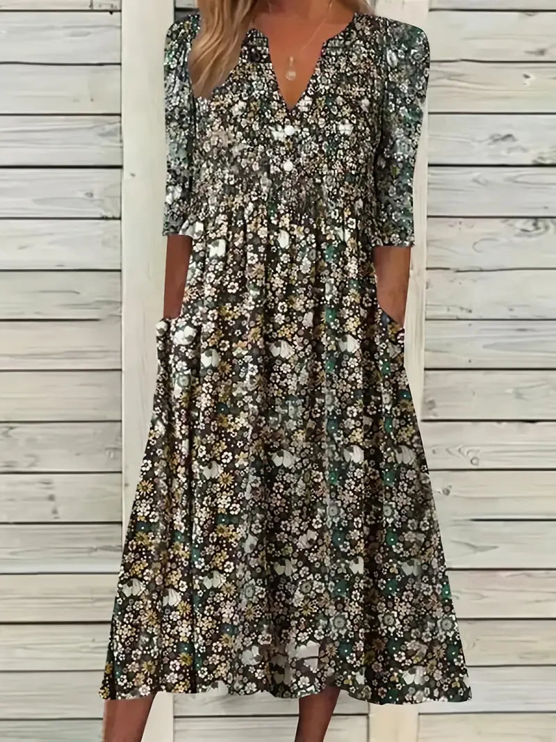 Allyn - Blossom Ditsy bloemenprint V-hals jurk met zakken