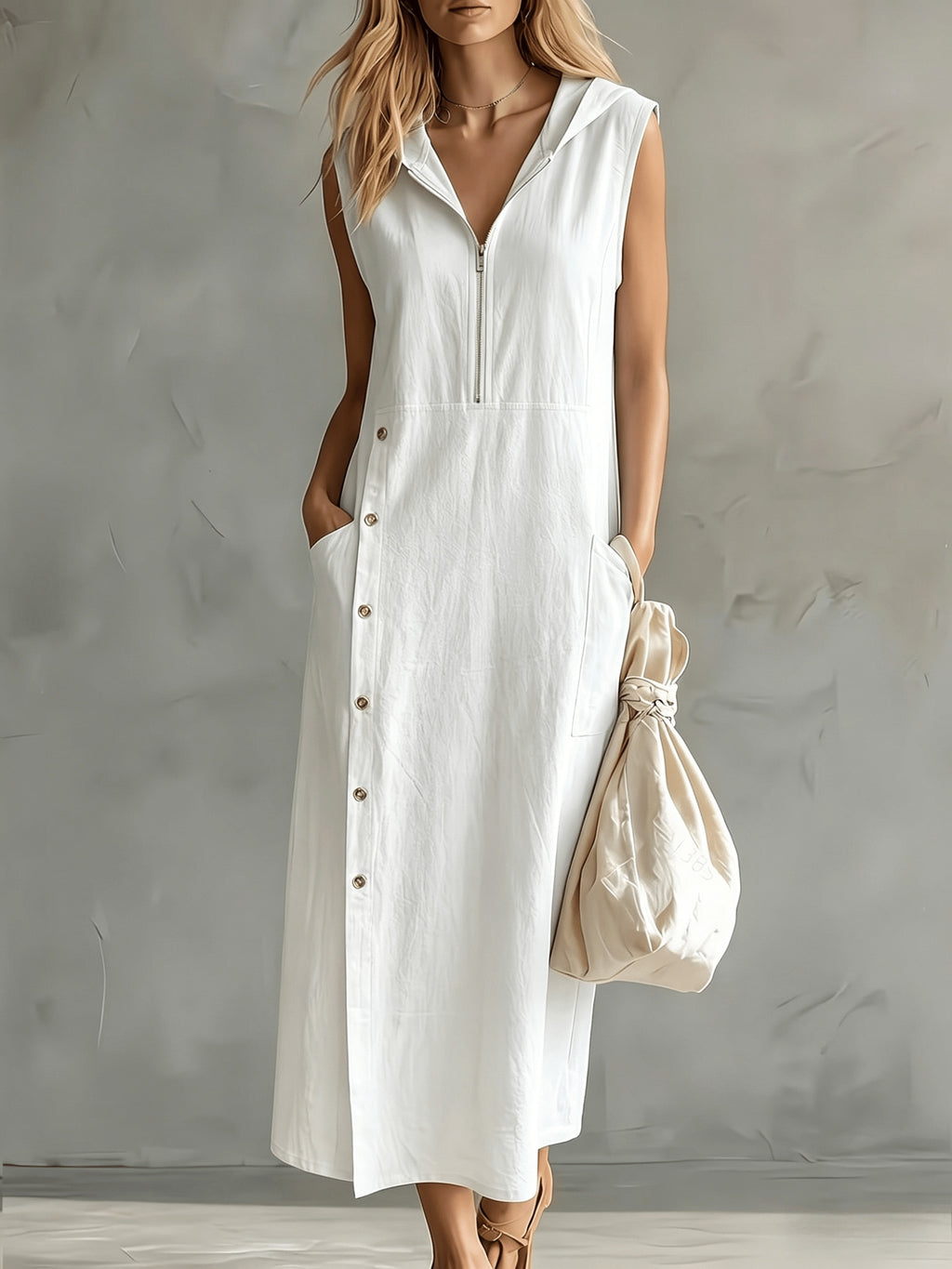 Oravyn | Zomerjurk met capuchon voor dames – Casual, ruimvallende midi-jurk met zakken
