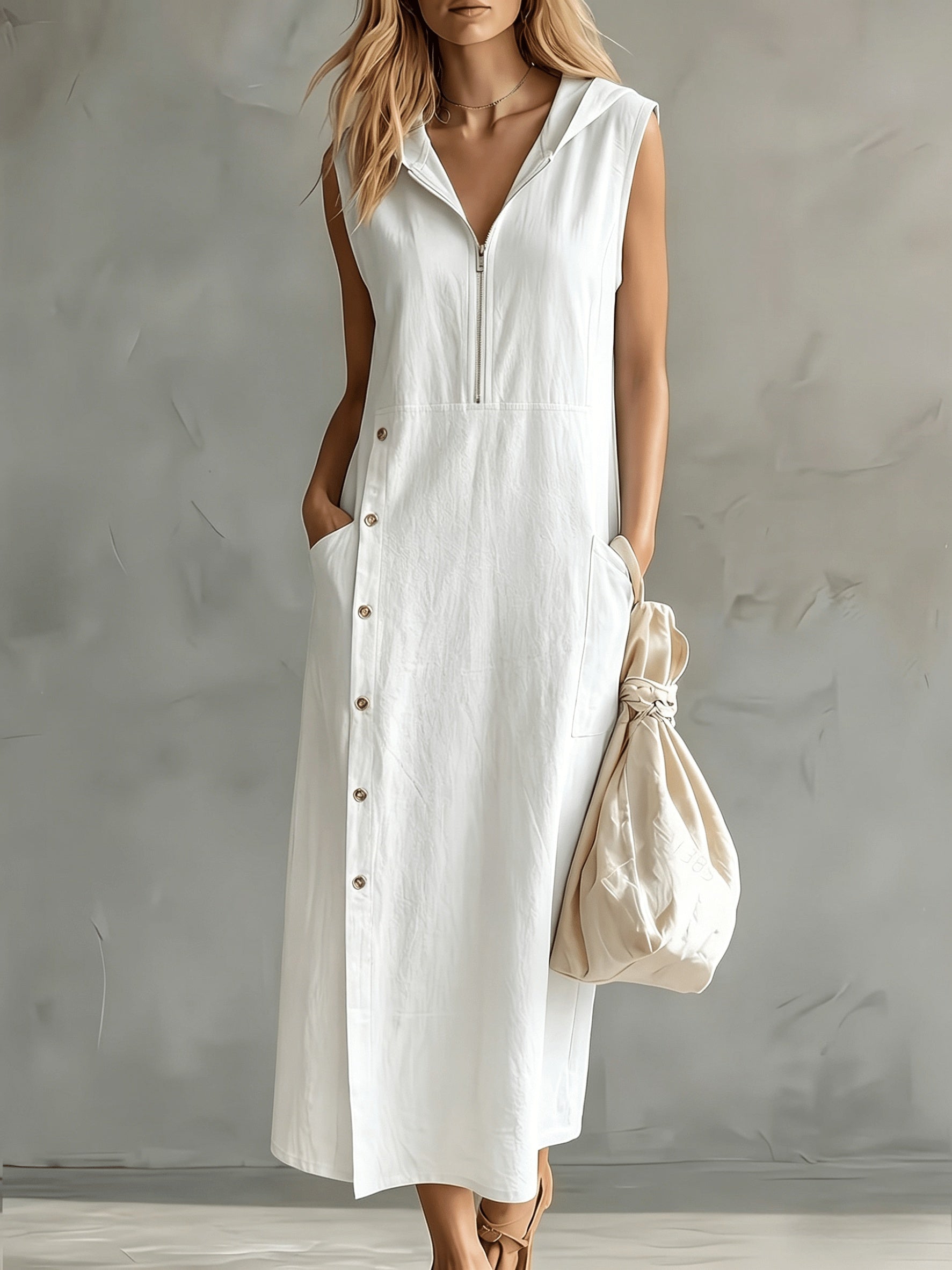 Oravyn | Zomerjurk met capuchon voor dames – Casual, ruimvallende midi-jurk met zakken
