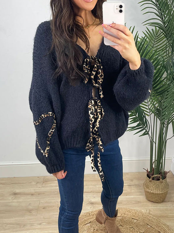 Eliana | Los warm damesvest met trui, luipaardprint met striksluiting, casual gebreid met lange mouwen