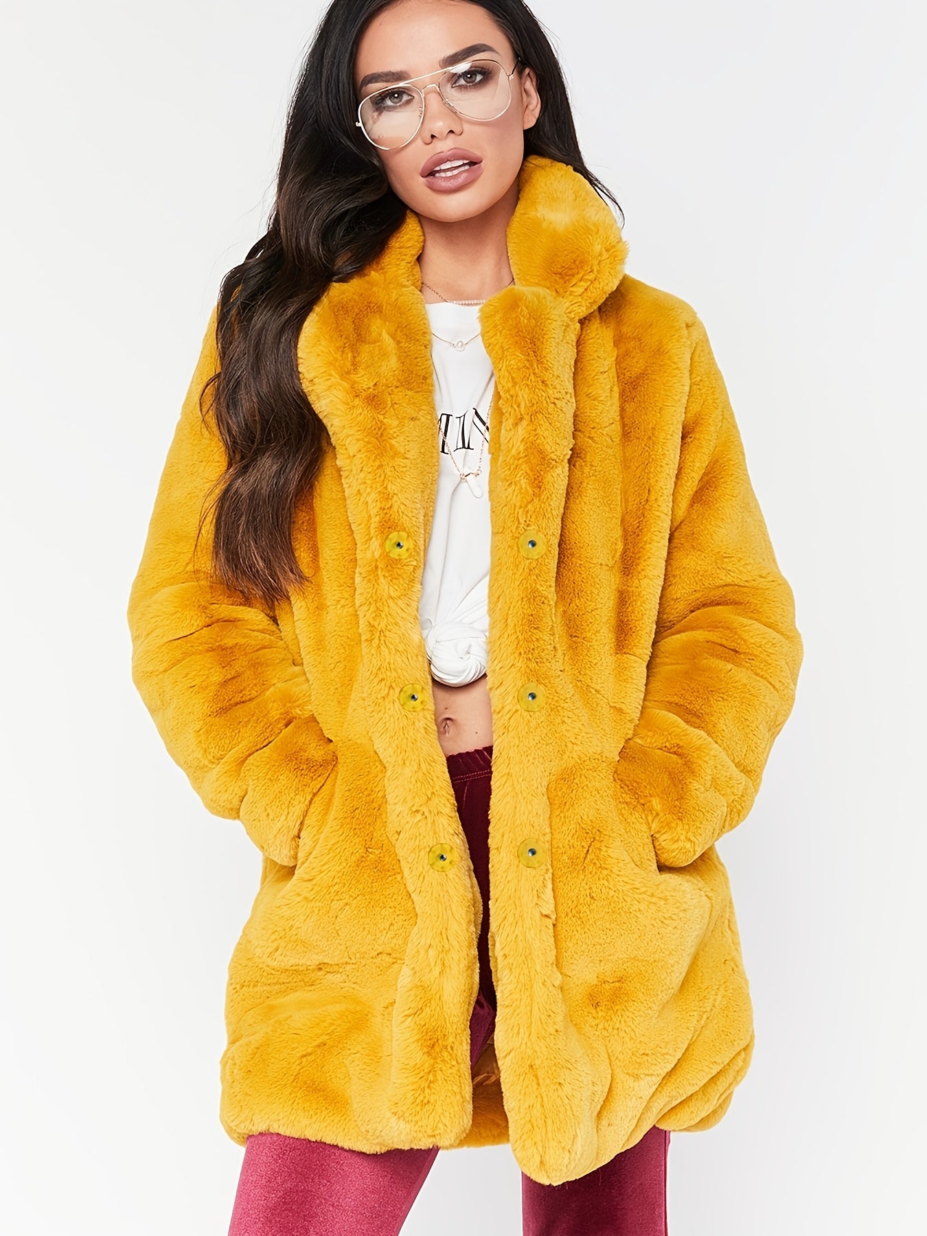 Zerlina | Elegant mid-length faux fur coat for women - concealed button fastening, with pockets