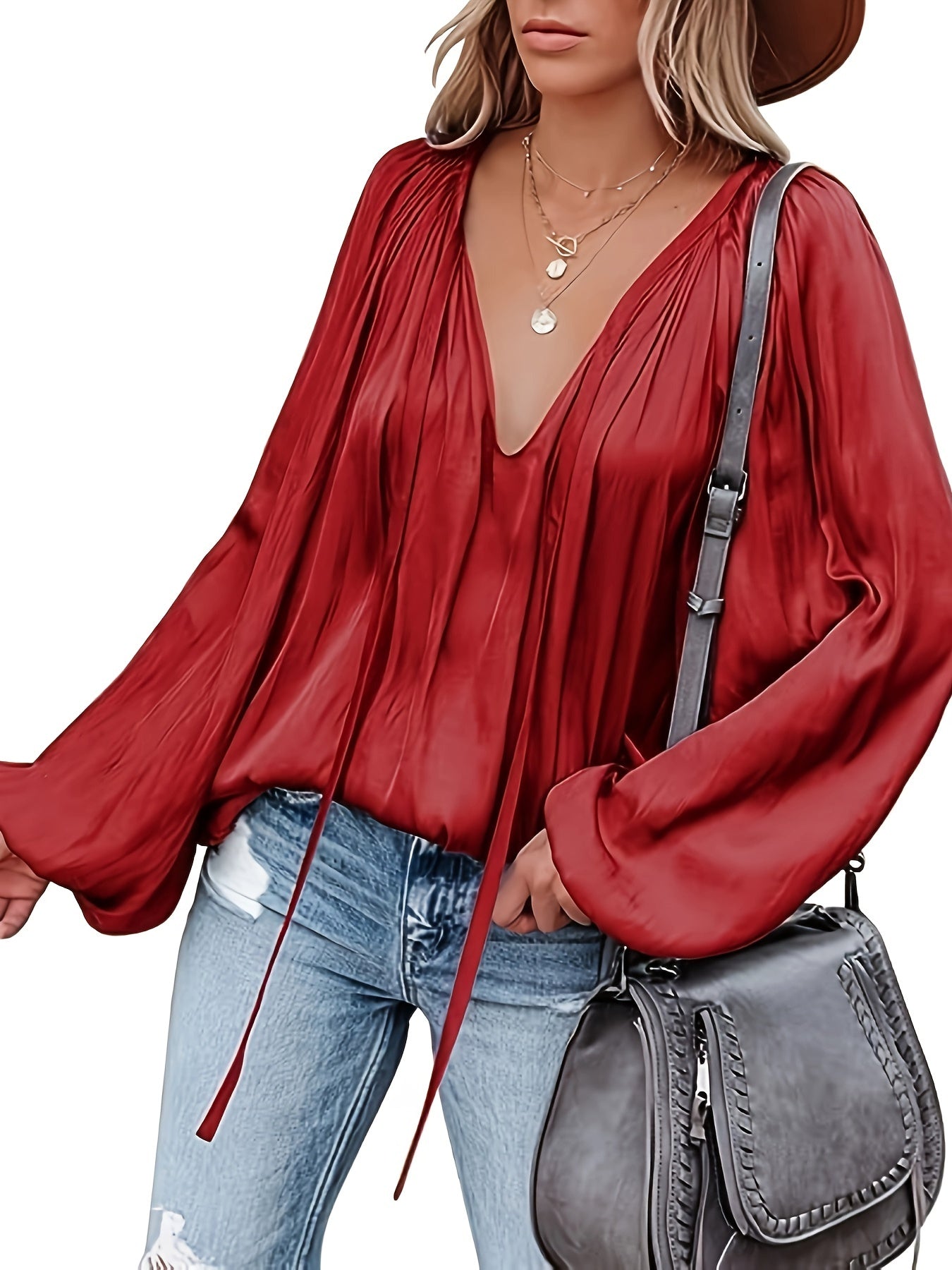 Vaiana | Women's Satin V-Neck Blouse with Lantern Sleeves - Elegant, Loose-Fitting, Dressy Top