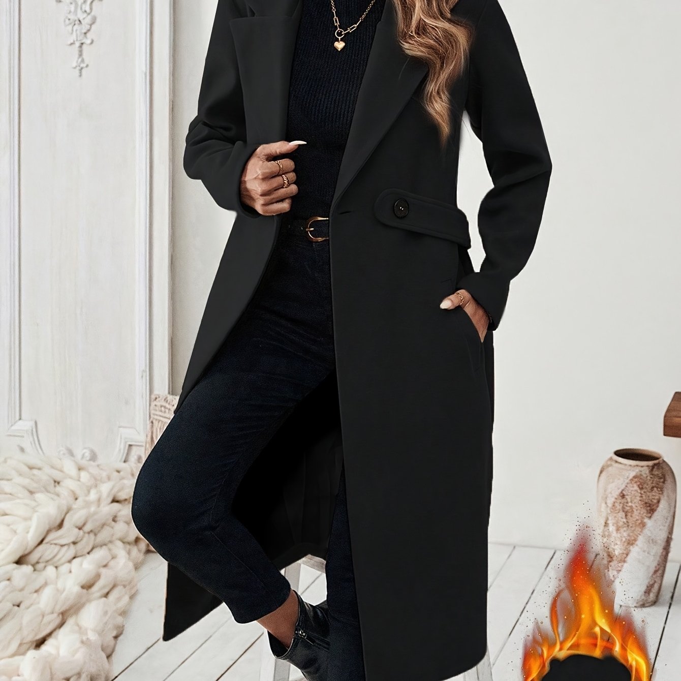 Veyrissa | Elegante lange damesjas – verstelbare riem, asymmetrische zoom, reverskraag
