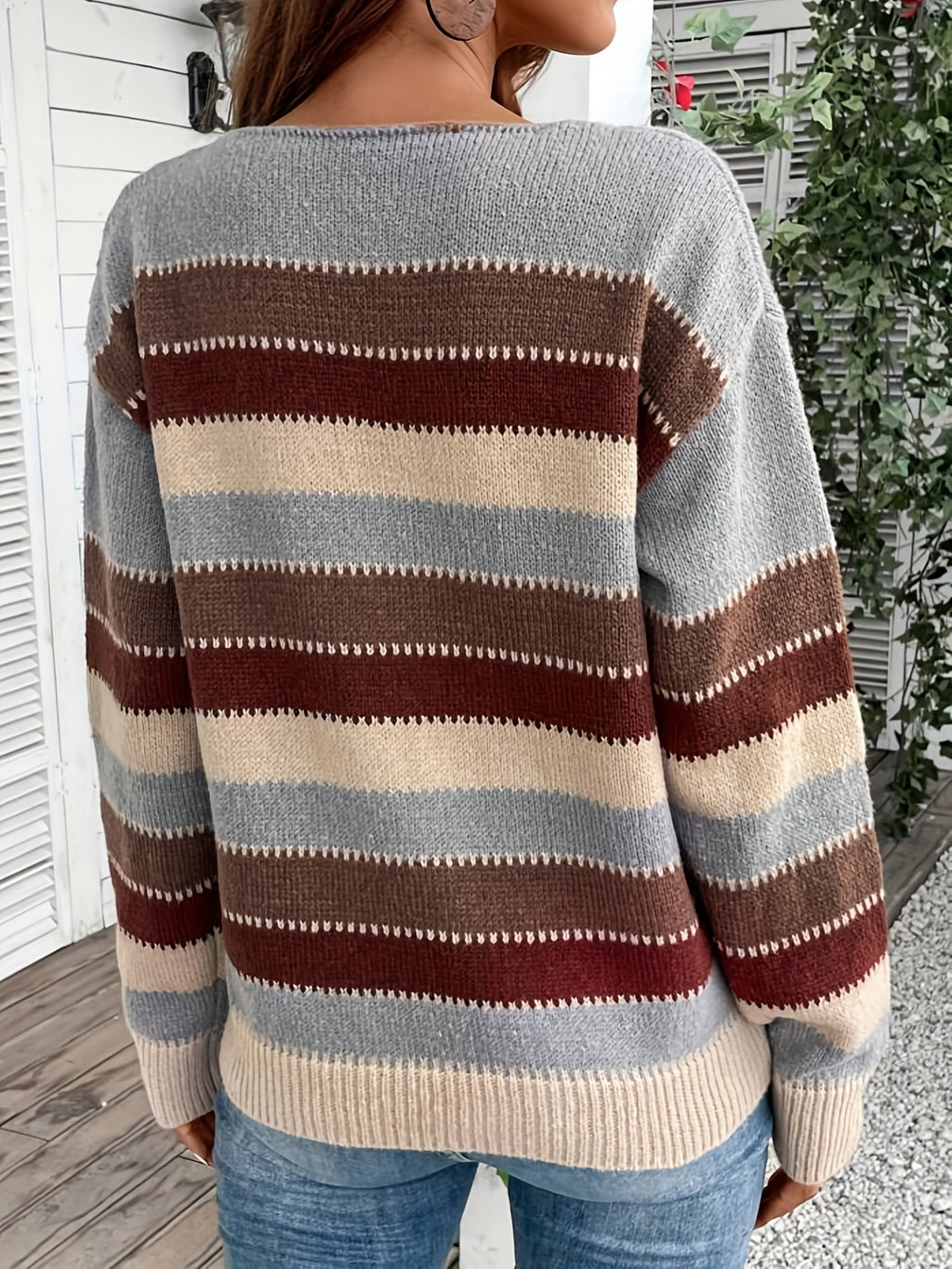 Freja | Dames Trui met Kleurblok Streepjes Ronde Hals - Vintage Pullover Met Lange Mouwen voor Vrijetijdskleding