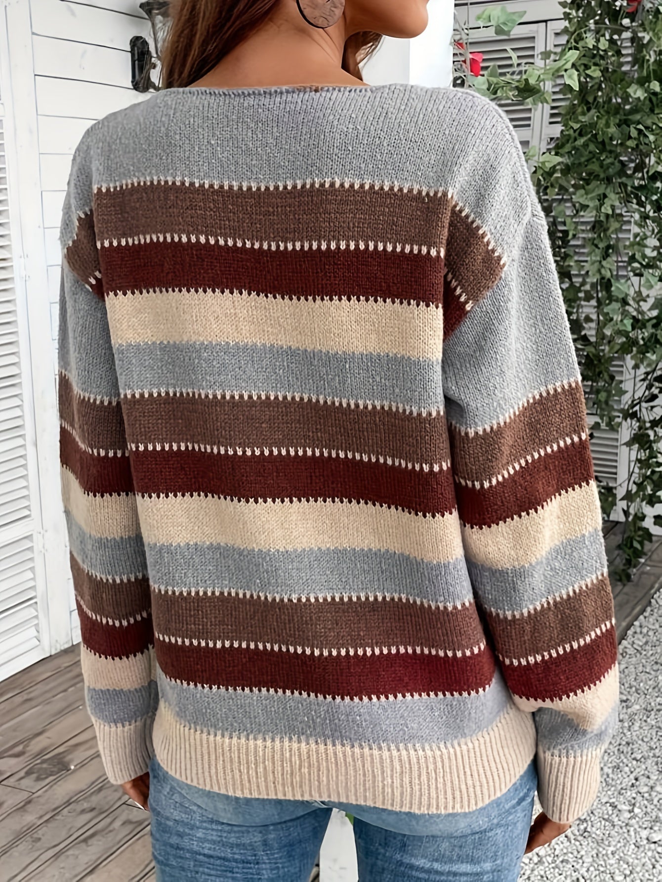 Freja | Dames Trui met Kleurblok Streepjes Ronde Hals - Vintage Pullover Met Lange Mouwen voor Vrijetijdskleding
