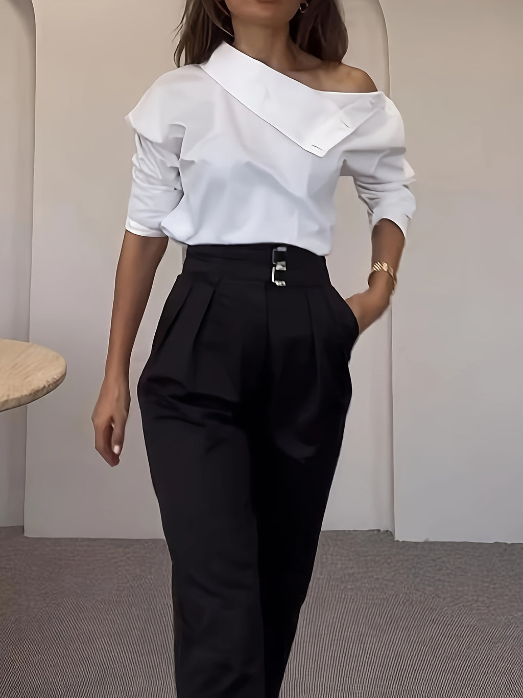 Mazarine | Elegant women's blouse with high neck - long sleeves, button detail, lightweight polyester