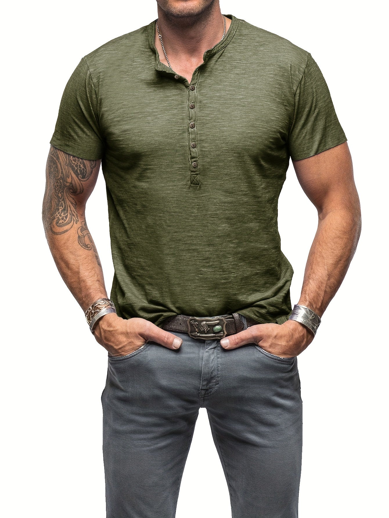 Riggs | Vintage stijl herenhemd in katoen Henley - knoopsluiting, ronde hals