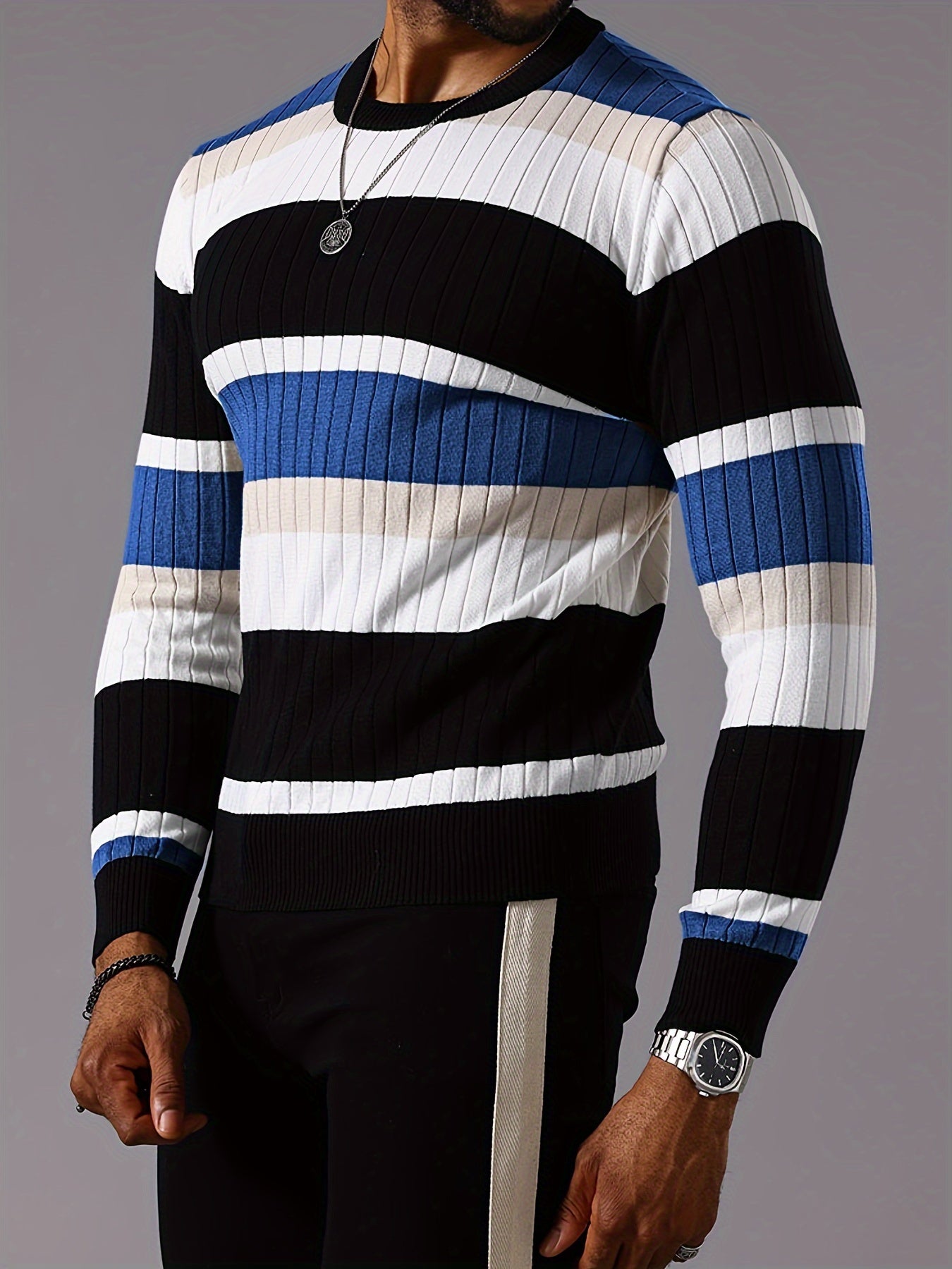 Epoch | Casual Gestreepte Pullover met Kleurblokken voor Heren - Sweater met Lange Mouwen en Ronde Hals