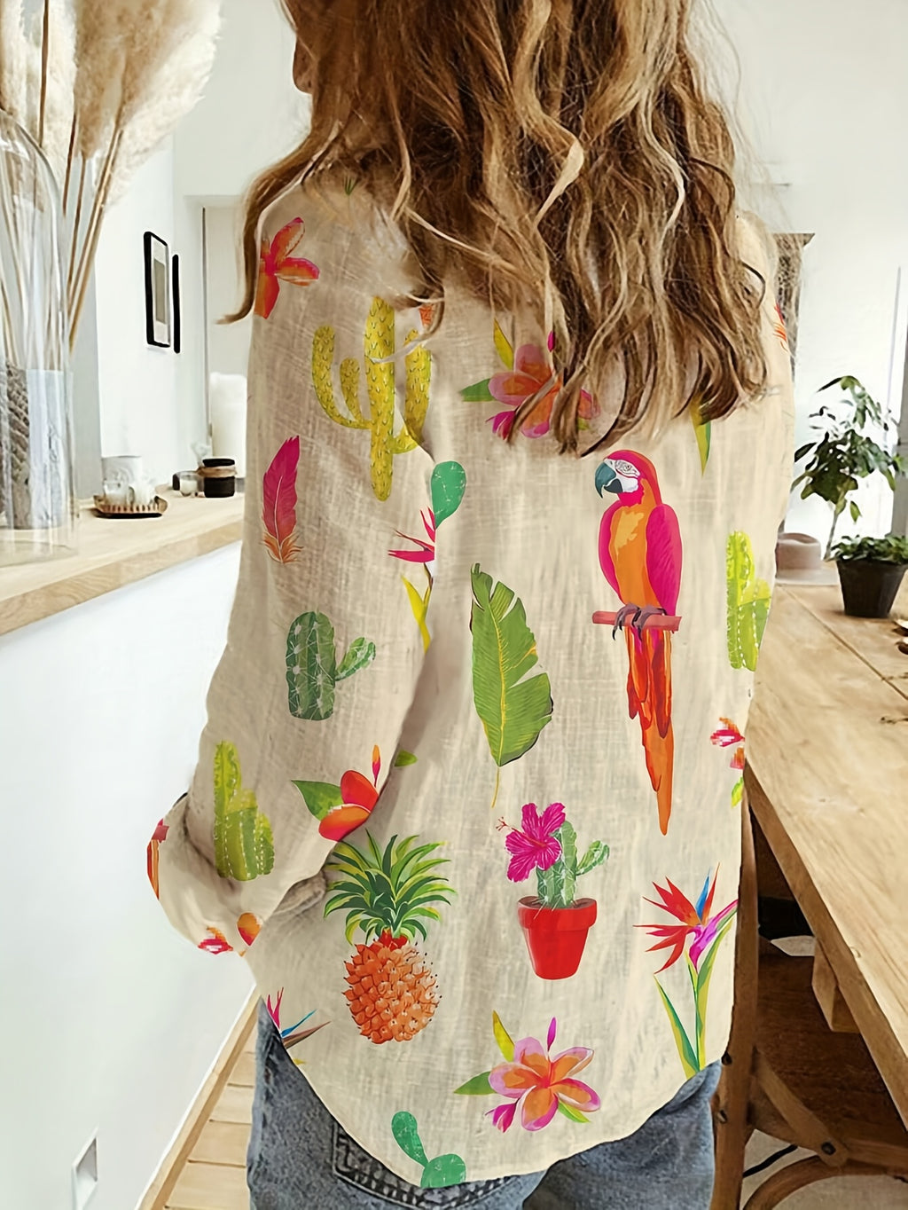 Noravelle | Dames tropische print blouse – knoopsluiting, enkelrijs casual overhemdblouse