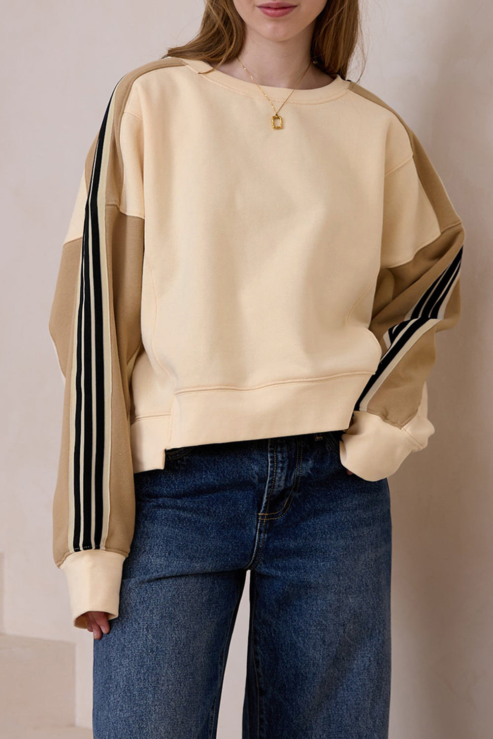 Amira | Beige Gestreept Patchwork Losvallende Schouder Sweatshirt voor Dames