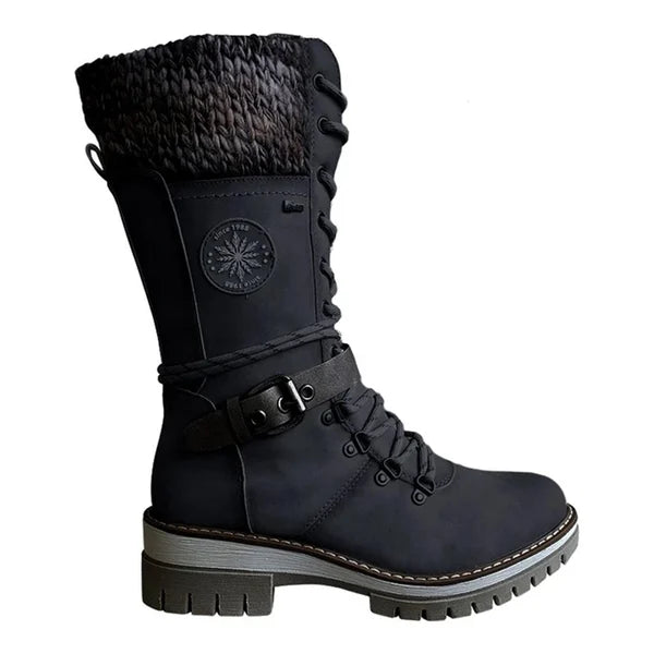 FrostSteps | Vrouwen Winter Laarzen, Side-pull, Lace-up, gebreide Mid-Tube, lage hakken, ronde teen - voor koud weer
