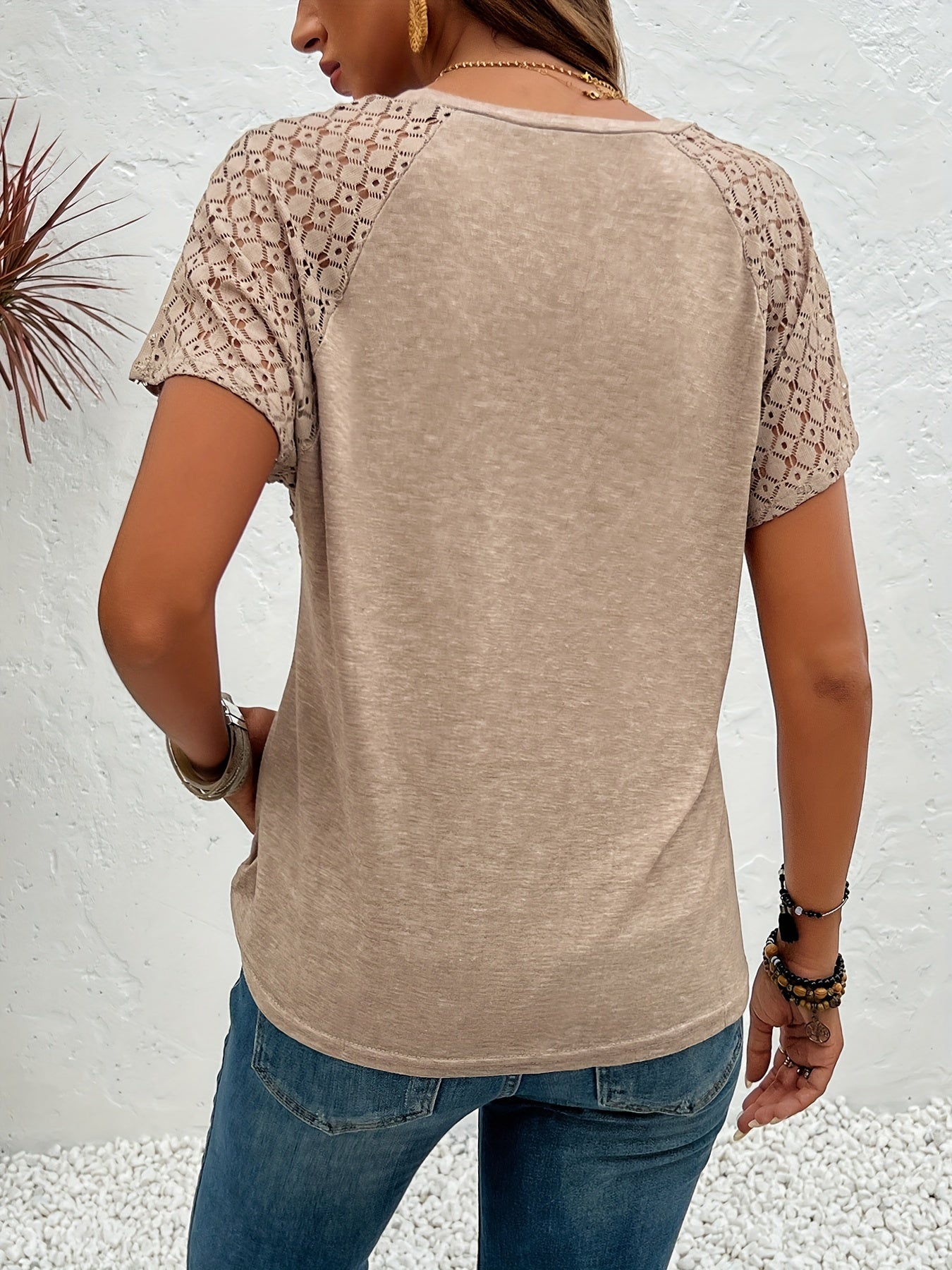 Zafira | Lace Crew Neck T-shirt - Casual Short Sleeve T-shirt with Hollow Lace Sleeves