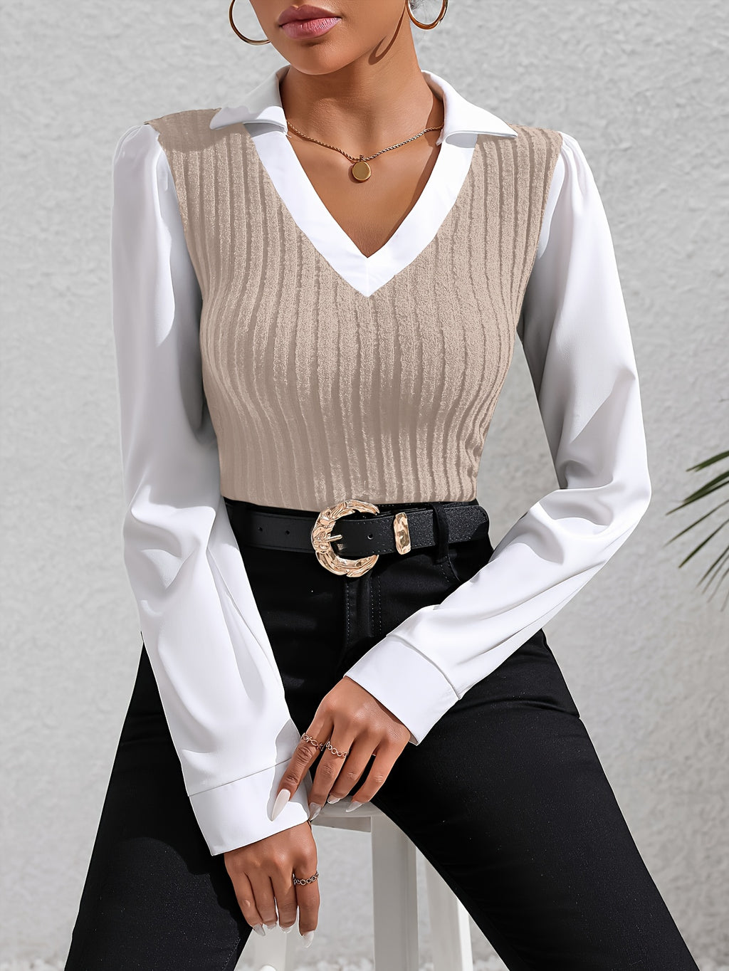 Rusalka | Women Colorblock Faux Twinset Chapel Blouse - Casual Long Sleeve Top