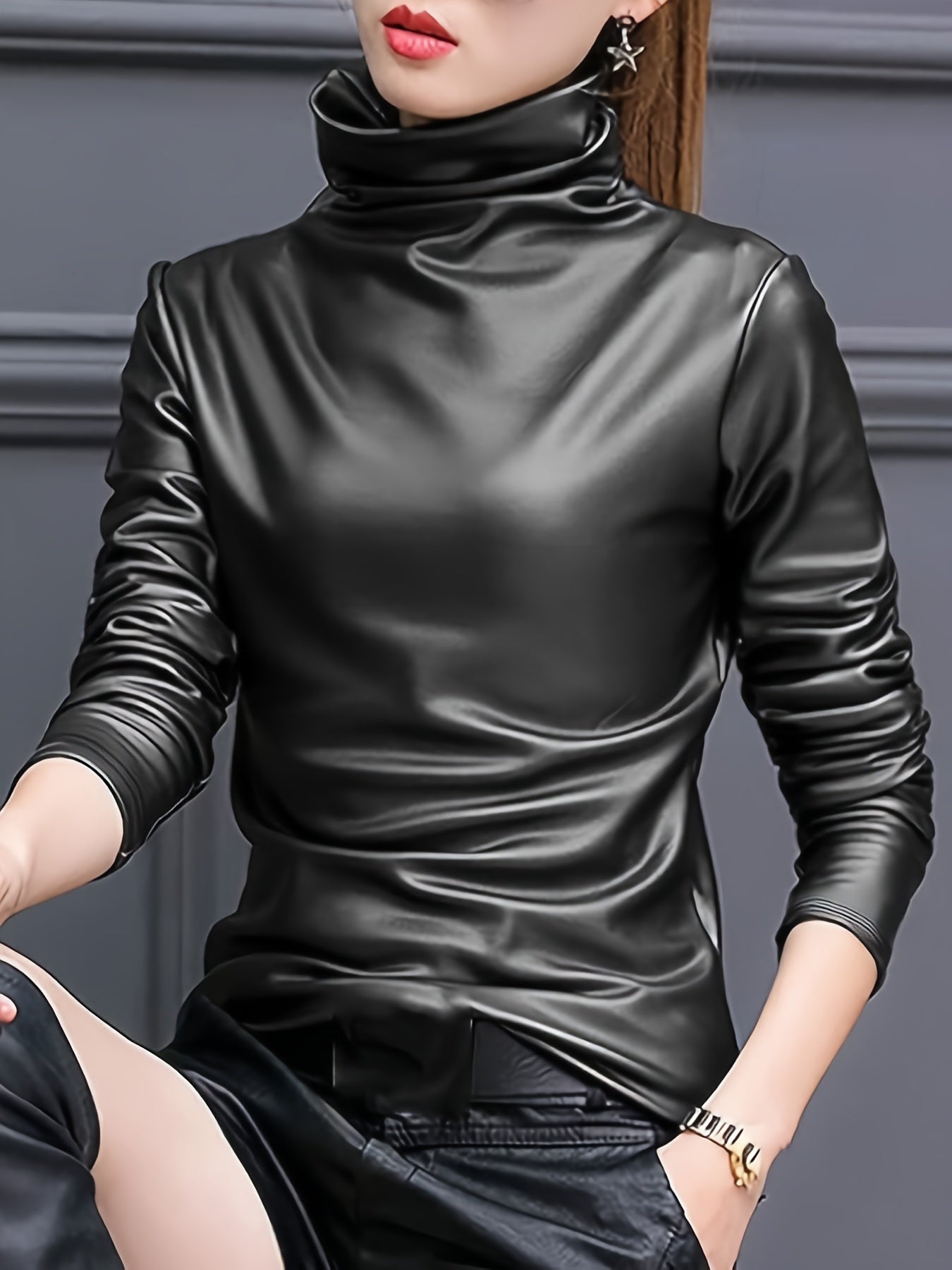 Elfrida | Vrouwen Lange Mouwen PU Leren Coltrui - Elegante Casual Top