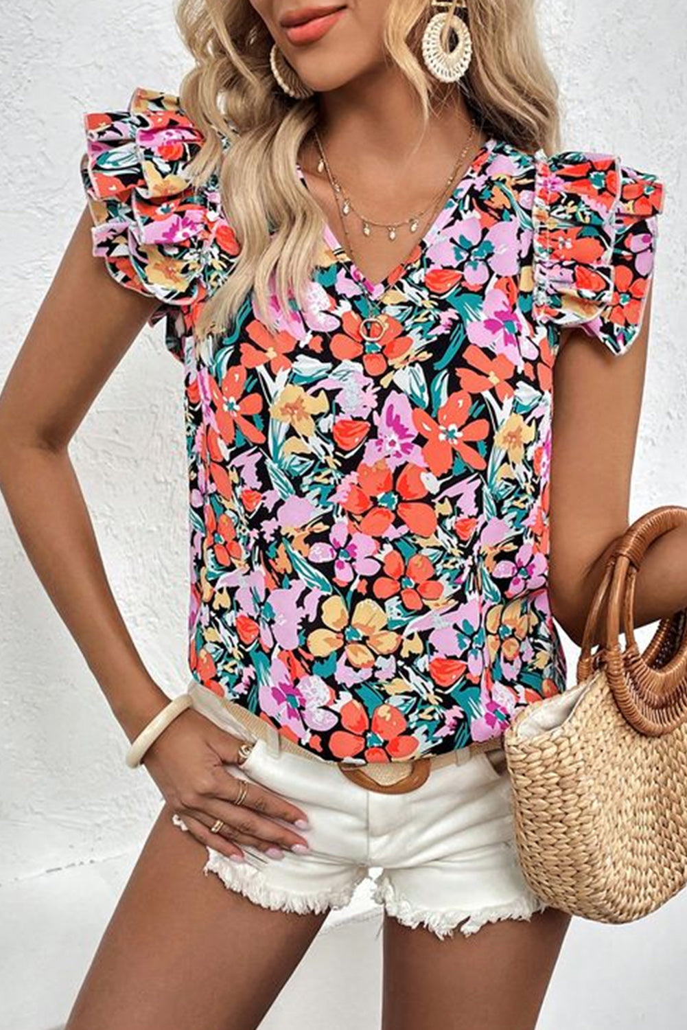 Marzena | Multicolour floral blouse with ruffled sleeves - Stylish women's top