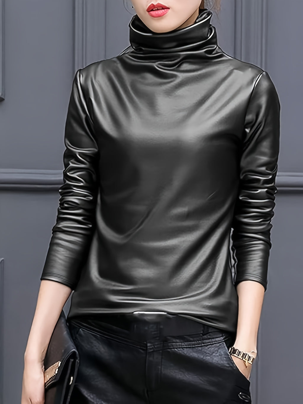 Elfrida | Vrouwen Lange Mouwen PU Leren Coltrui - Elegante Casual Top