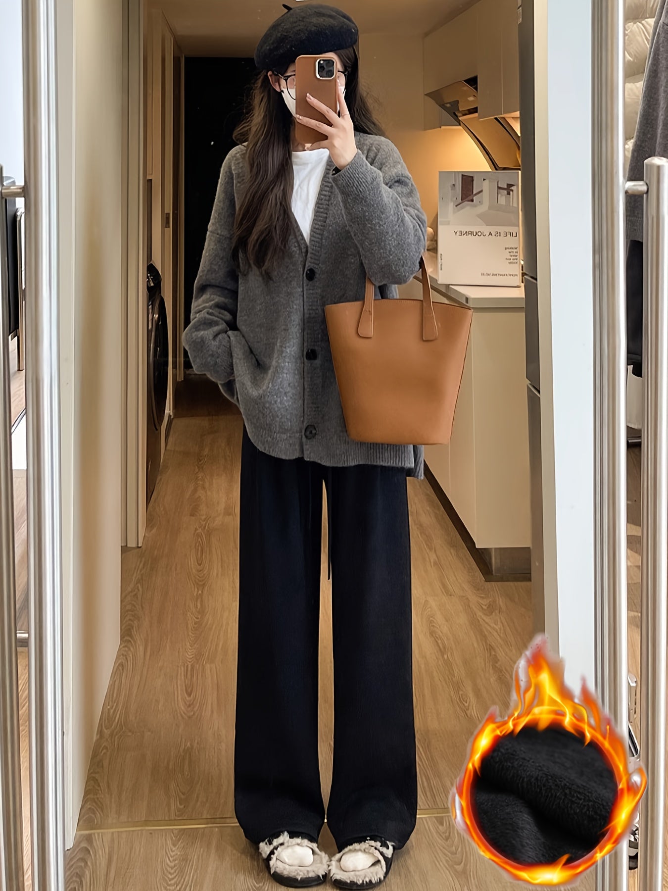 Meira | Knusse, met fleece gevoerde broek met wijde pijpen en hoge taille - Afslankende koordsluiting