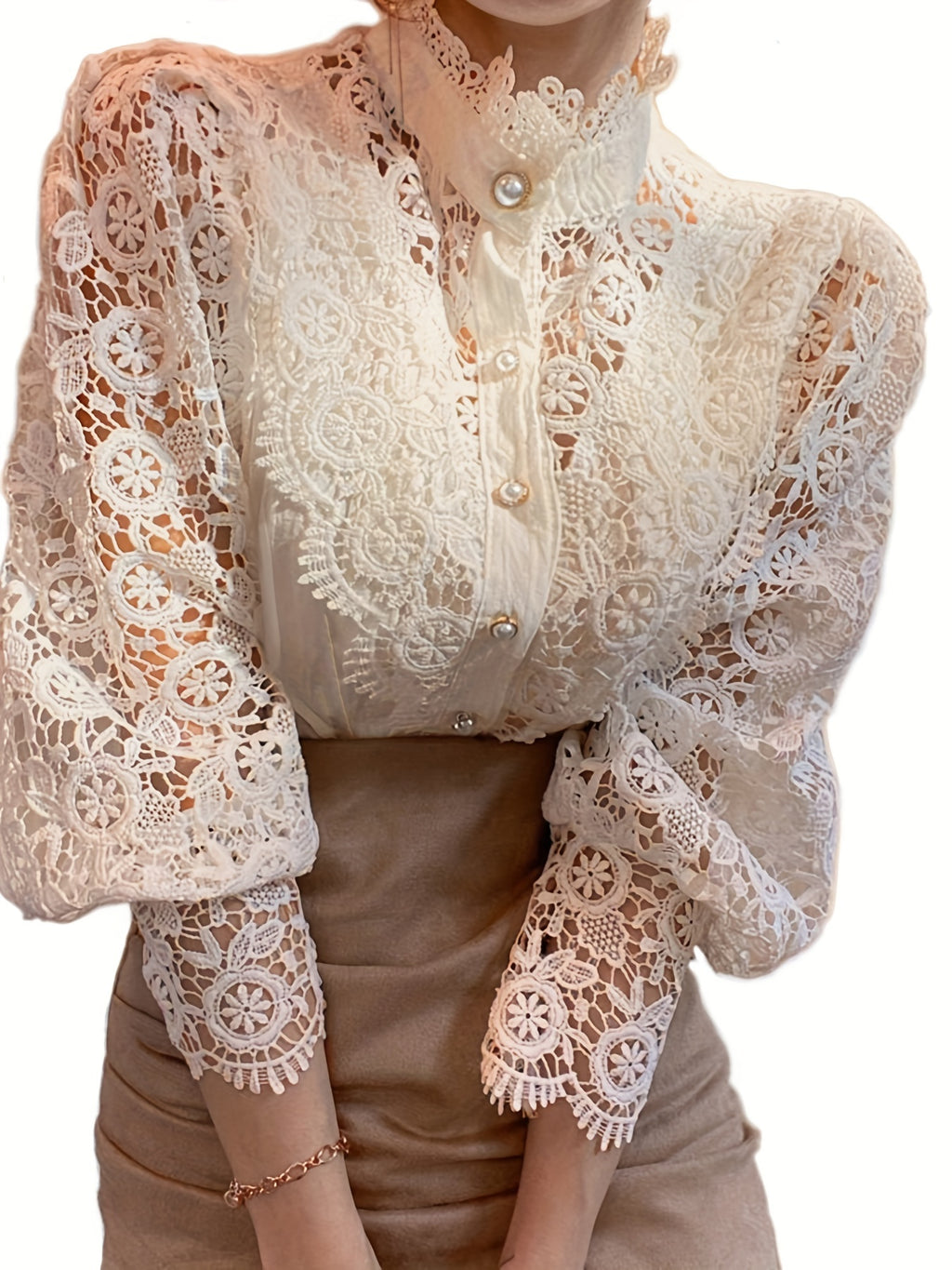 Lalique | Victorian Lace Women's Blouse with Pearl Button and Long Sleeves